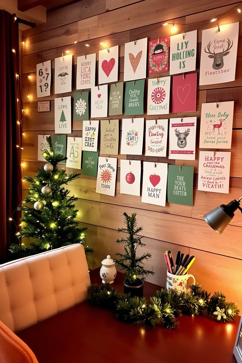 A collection of DIY holiday cards is artfully displayed on a rustic wooden wall, creating a warm and inviting atmosphere. Each card features unique designs and colors, adding a personal touch to the festive decor. The home office is transformed into a cozy Christmas haven, adorned with twinkling fairy lights and a small evergreen tree in the corner. A comfortable desk is decorated with seasonal accents, including a festive mug filled with pens and a small garland draped across the workspace.