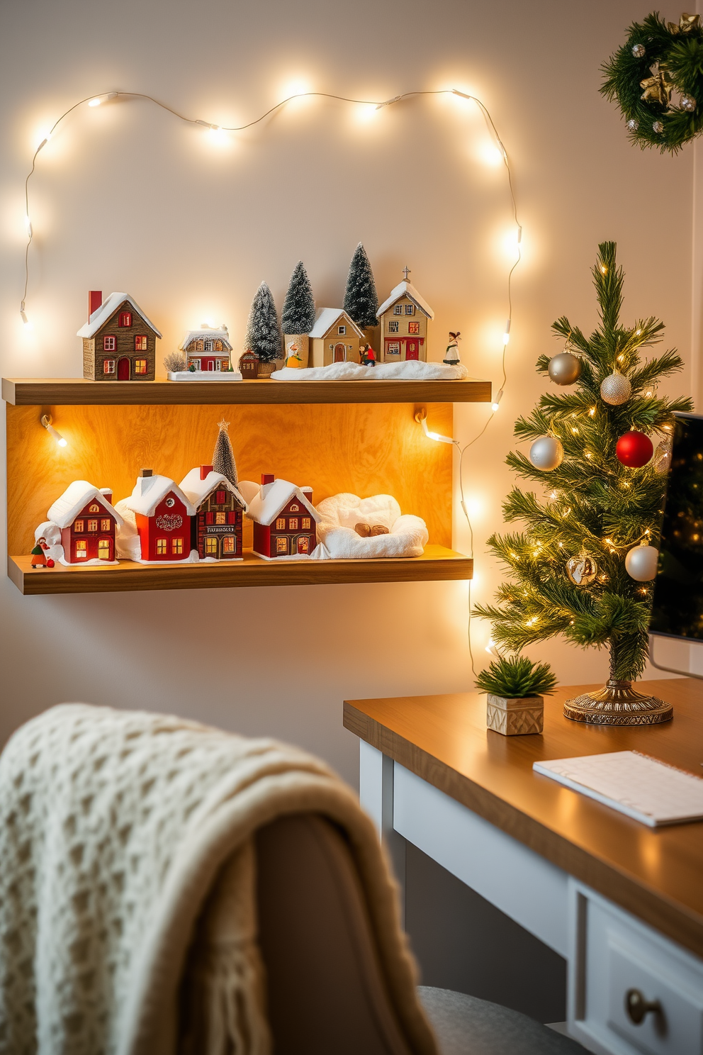 A charming miniature village scene is artfully arranged on a wooden shelf, featuring quaint houses with snow-covered roofs and tiny figurines dressed for the holiday season. Soft white lights twinkle around the village, creating a warm and inviting atmosphere that captures the spirit of Christmas. The home office is transformed into a festive workspace with elegant Christmas decorations, including a small evergreen tree adorned with delicate ornaments. A cozy throw blanket drapes over the chair, and a festive centerpiece on the desk brings a touch of holiday cheer to the productive environment.