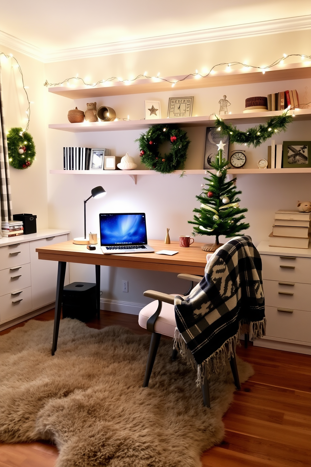 A cozy home office adorned for the Christmas season. A large faux fur rug lies under a sleek wooden desk, providing warmth and texture to the space, while twinkling fairy lights are draped across the shelves, creating a festive ambiance. On the desk, a small evergreen tree is decorated with miniature ornaments, adding a touch of holiday cheer. A plush chair is accented with a festive throw blanket, inviting comfort during long work hours.