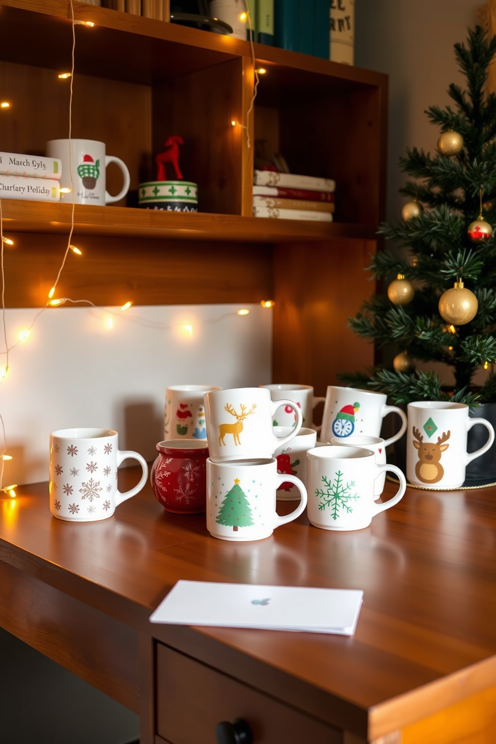 A cozy home office adorned for the holidays features a wooden desk with a festive display of Christmas-themed coffee mugs. Each mug showcases unique designs, from snowflakes to reindeer, adding a cheerful touch to the workspace. The desk is surrounded by twinkling string lights draped along the shelves, enhancing the warm ambiance. A small evergreen tree sits in the corner, decorated with miniature ornaments, bringing a touch of nature and holiday spirit to the room.