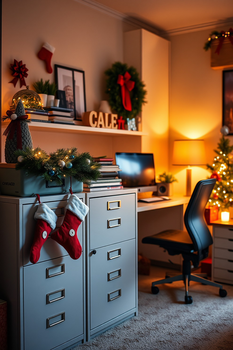 A cozy home office adorned for Christmas, featuring stockings hung on sleek file cabinets. The room is illuminated by warm, soft lighting, creating a festive atmosphere with holiday decorations scattered throughout.