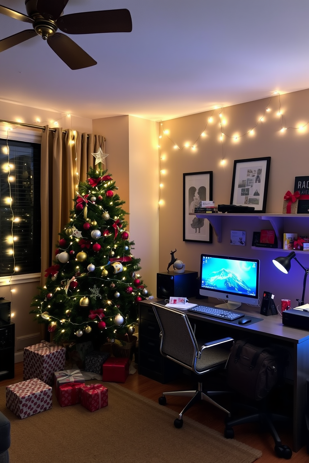 A cozy home office adorned for the holiday season, featuring twinkling fairy lights draped elegantly around the workspace, creating a warm and inviting atmosphere. A beautifully decorated Christmas tree stands in one corner, surrounded by wrapped gifts and festive ornaments that add a touch of cheer to the room.