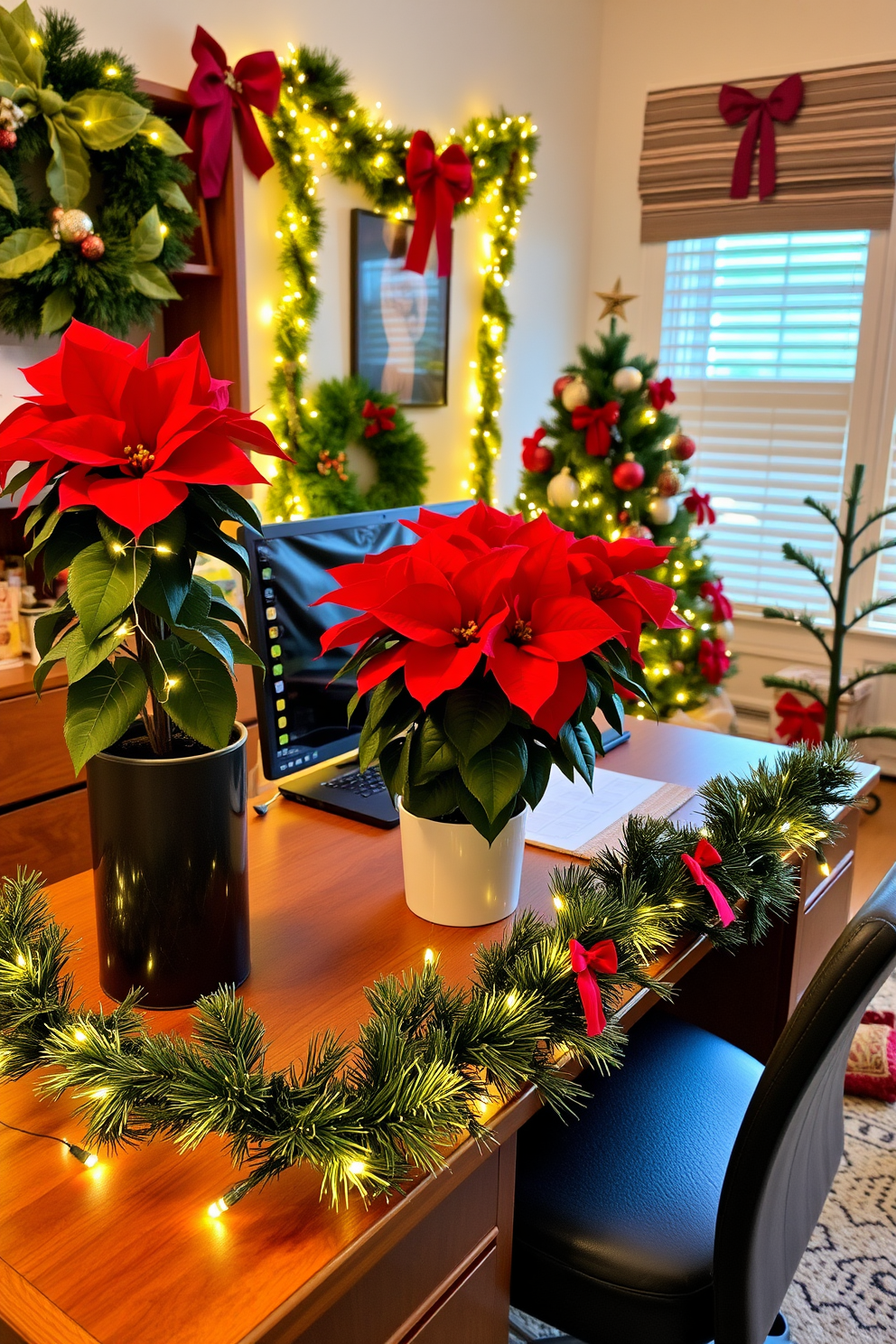 A cozy home office adorned for the Christmas season, featuring vibrant potted poinsettia plants that add a pop of red and green. The desk is elegantly decorated with a festive garland, twinkling fairy lights, and a small Christmas tree in the corner, creating a warm and inviting atmosphere.