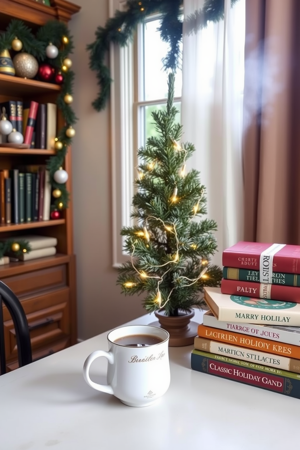 A cozy home office adorned for the holidays features vintage ornaments strung as garland along the wooden bookshelves, adding a festive touch. The desk is decorated with a small evergreen tree, twinkling fairy lights, and a collection of classic holiday books stacked neatly beside a steaming mug of cocoa.