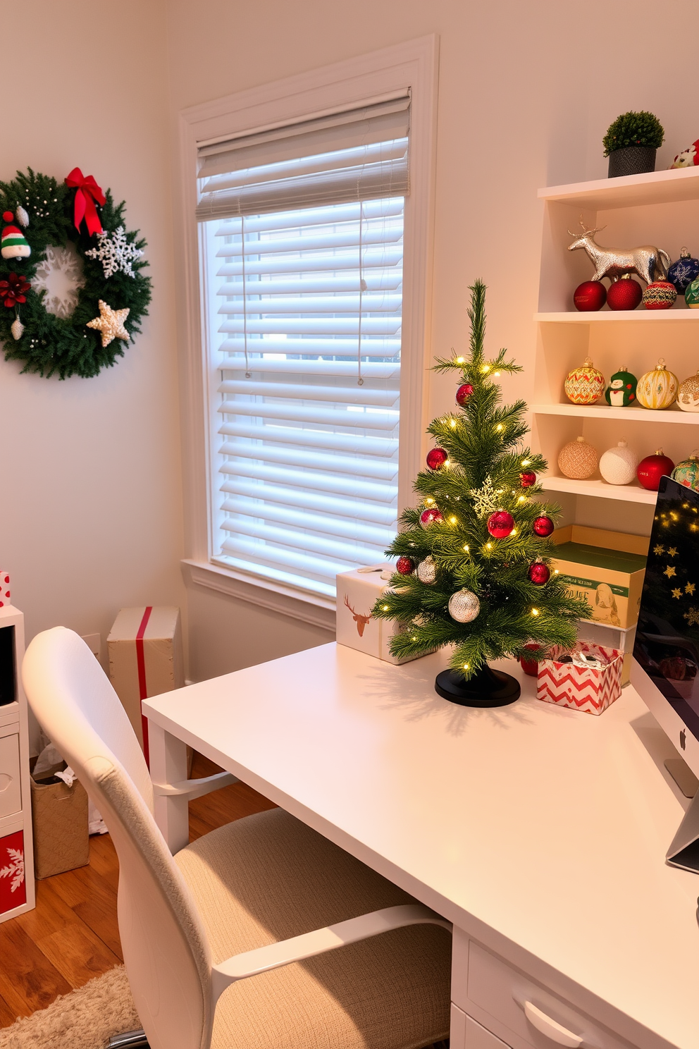 A vibrant home office adorned for the Christmas season features a desk lined with festive wrapping paper showcasing cheerful patterns of snowflakes and reindeer. Surrounding the desk are cozy decorations, including a small evergreen tree adorned with twinkling lights and a collection of holiday-themed ornaments displayed on nearby shelves.