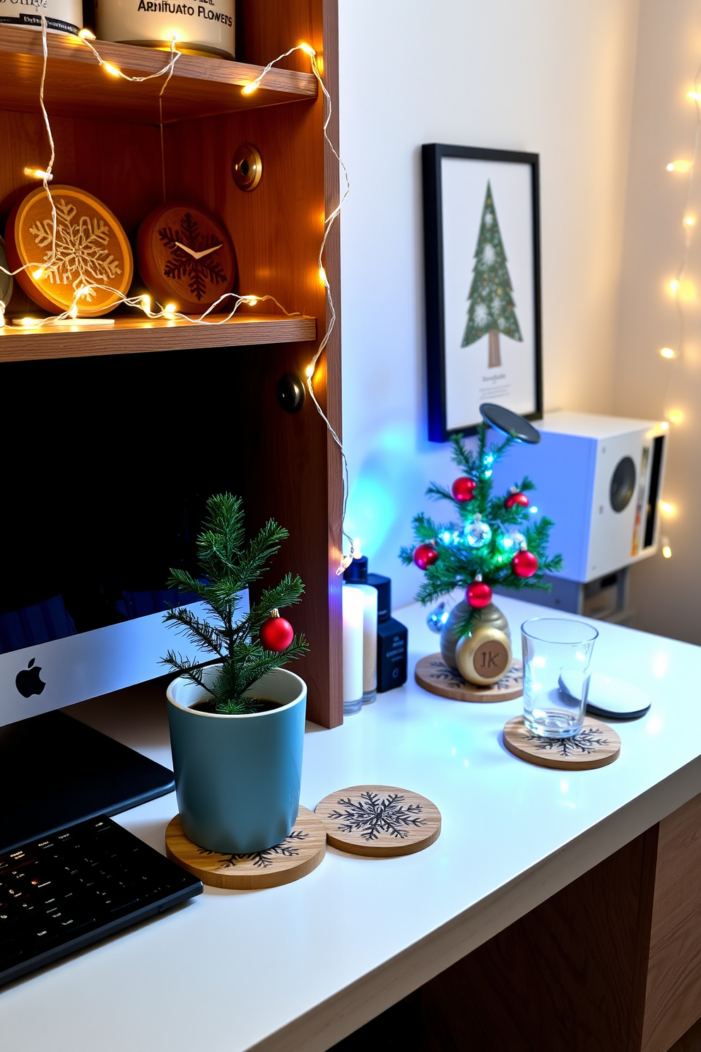 Holiday-themed coasters for drinks. Each coaster features intricate designs of snowflakes and Christmas trees, crafted from natural wood with a glossy finish. Home Office Christmas Decorating Ideas. The workspace is adorned with twinkling fairy lights draped along the shelves, and a small potted pine tree sits on the desk, surrounded by festive ornaments.