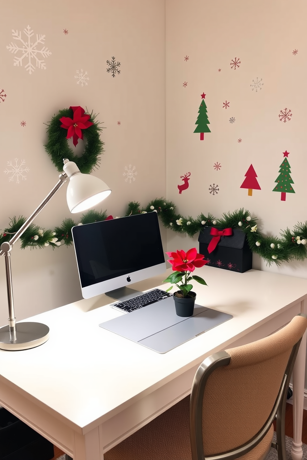 A cozy home office adorned with creative holiday-themed wall decals. The decals feature whimsical designs like snowflakes and Christmas trees, adding a festive touch to the workspace. A stylish desk is decorated with garlands and a small potted poinsettia, bringing warmth to the room. Soft lighting from a desk lamp creates a welcoming atmosphere, perfect for holiday productivity.