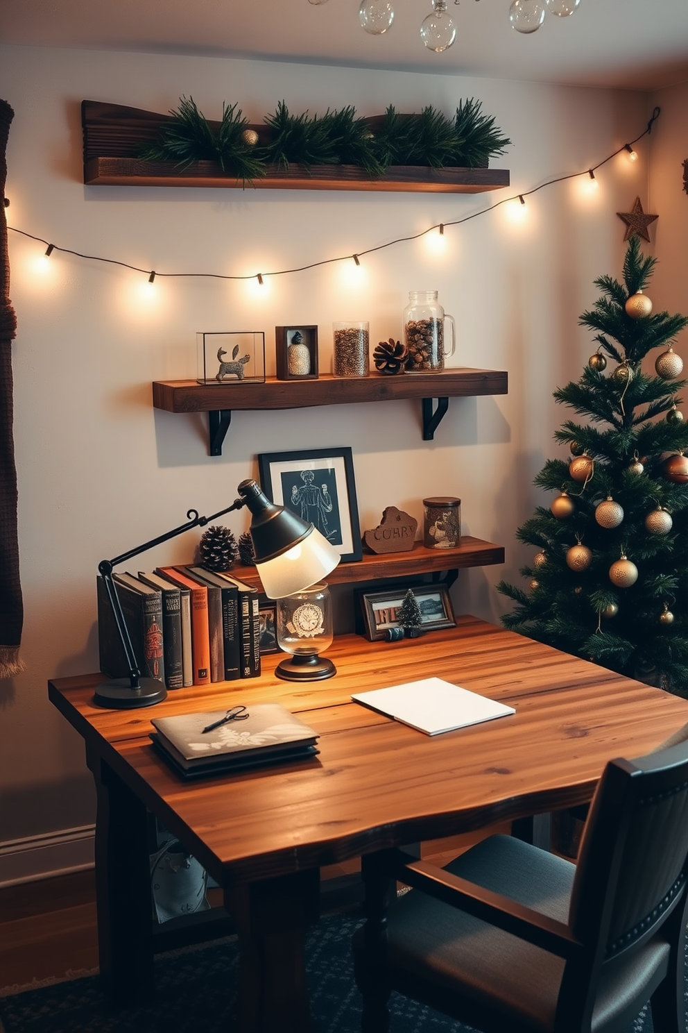 A cozy home office adorned with rustic wood accents creates a warm and inviting atmosphere. The desk, made of reclaimed wood, features a vintage lamp and a few decorative books, while wooden shelves display festive holiday decor. String lights drape across the walls, adding a soft glow to the space. A small Christmas tree, decorated with natural ornaments, sits in the corner, complementing the overall rustic charm.