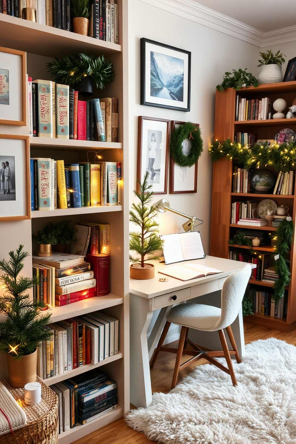 A cozy bookshelf adorned with seasonal bookmarks, showcasing a variety of colorful designs that peek out from between the pages of well-loved novels. The shelves are filled with an eclectic mix of books, plants, and decorative items, creating a warm and inviting reading nook. A stylish home office transformed for Christmas, featuring a beautifully decorated desk with a small evergreen tree and twinkling fairy lights. The walls are adorned with festive artwork, and a plush rug adds warmth to the space, while a festive garland drapes elegantly across the bookshelf.