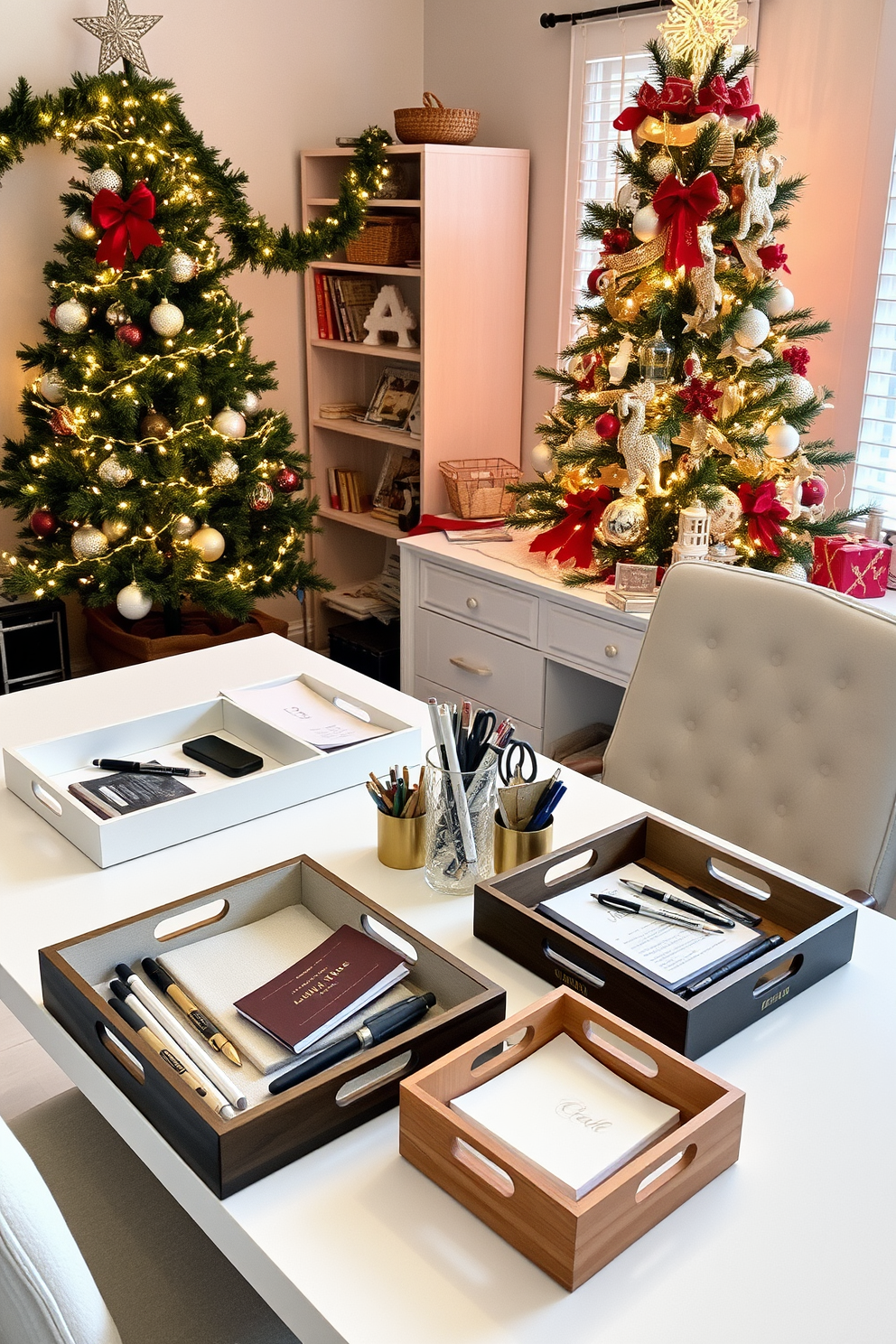 A collection of decorative trays in various sizes and materials, elegantly arranged on a stylish desk. Each tray holds neatly organized supplies such as pens, notebooks, and office tools, enhancing both functionality and aesthetic appeal. A cozy home office adorned with festive Christmas decorations, featuring a beautifully decorated tree in the corner. The desk is adorned with seasonal accents like garlands, twinkling lights, and a festive centerpiece, creating a warm and inviting workspace for the holidays.