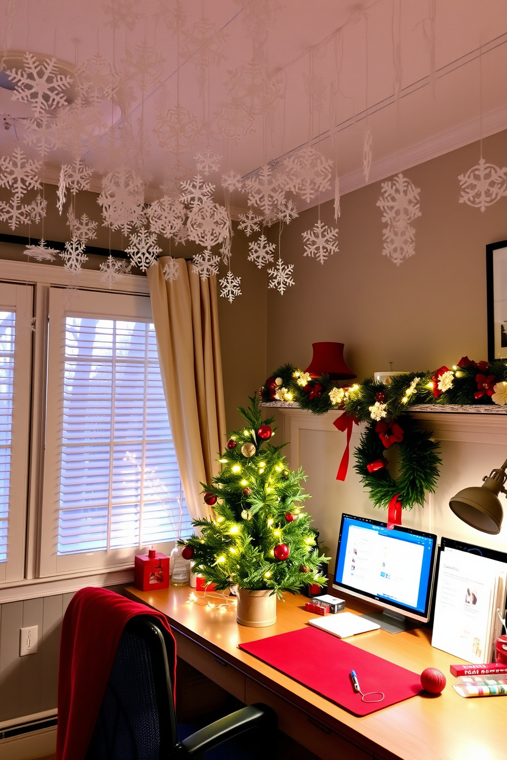 A cozy home office adorned for the holidays features a ceiling draped with delicate paper snowflakes, creating a whimsical winter atmosphere. The desk is decorated with a small evergreen tree, twinkling fairy lights, and a festive red and gold color scheme that inspires creativity and cheer.