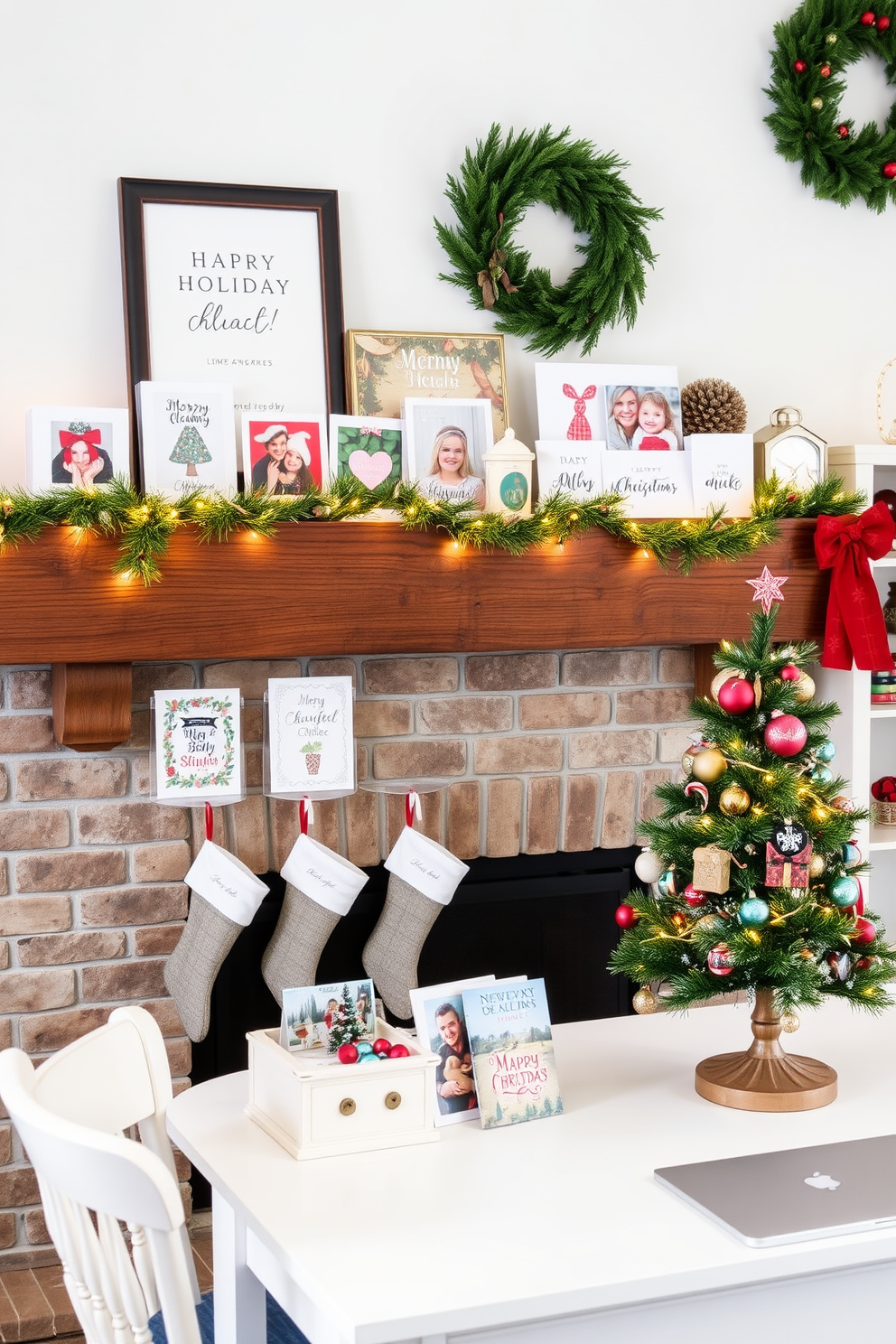 A collection of personalized holiday cards is beautifully displayed on a rustic wooden mantel, surrounded by twinkling fairy lights and evergreen garlands. Each card showcases unique designs and heartfelt messages, adding a warm, festive touch to the cozy living space. The home office is transformed into a festive retreat with a stylish desk adorned with a small, decorated Christmas tree and colorful ornaments. Stockings hang from a nearby shelf, and a cheerful wreath is mounted on the wall, creating an inviting atmosphere for holiday creativity.