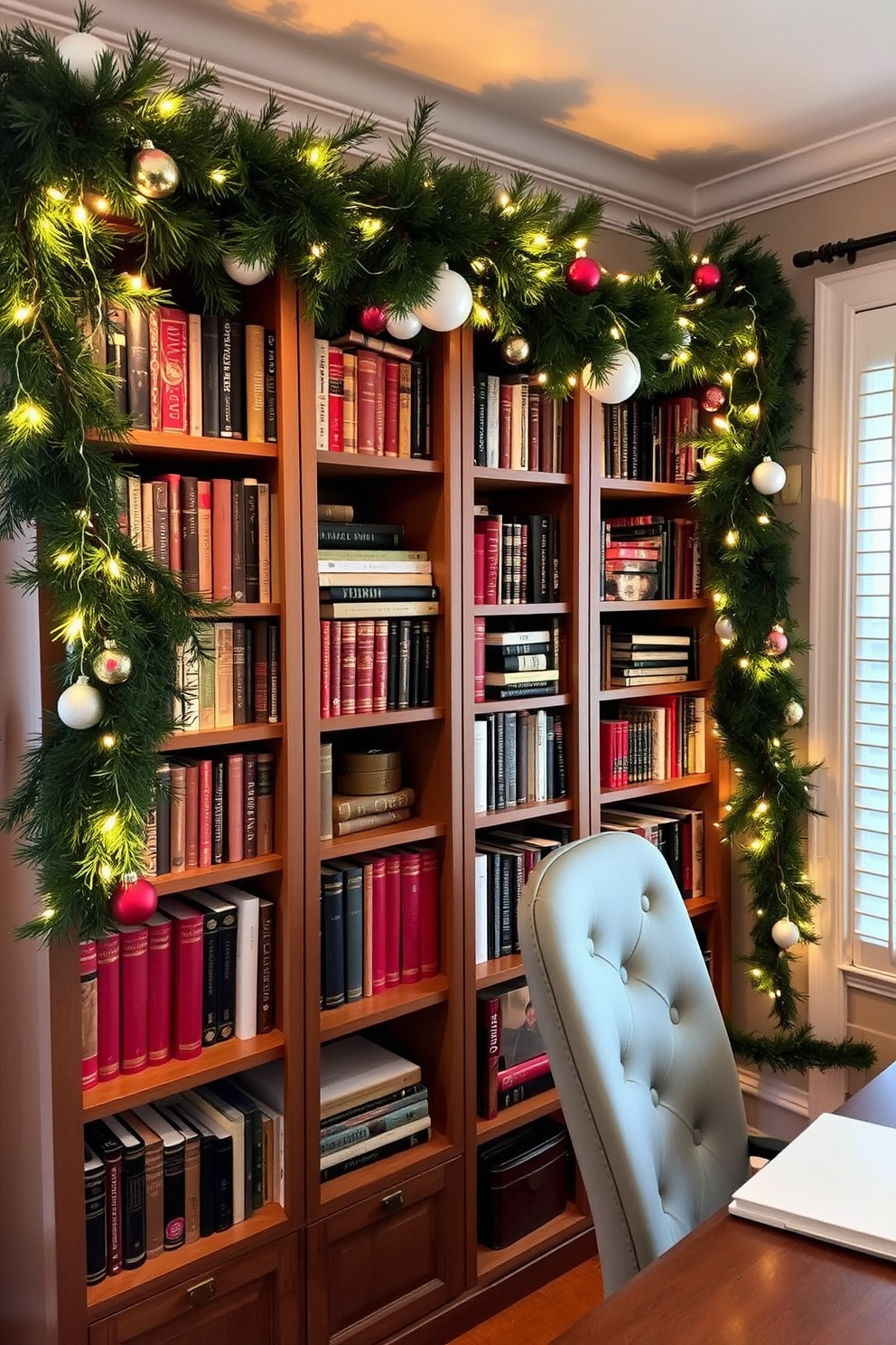 A cozy home office adorned for the holidays features garlands draped elegantly over the bookshelves, creating a warm and inviting atmosphere. The garland is lush with pine branches, interspersed with twinkling fairy lights and festive ornaments that add a touch of sparkle to the workspace.