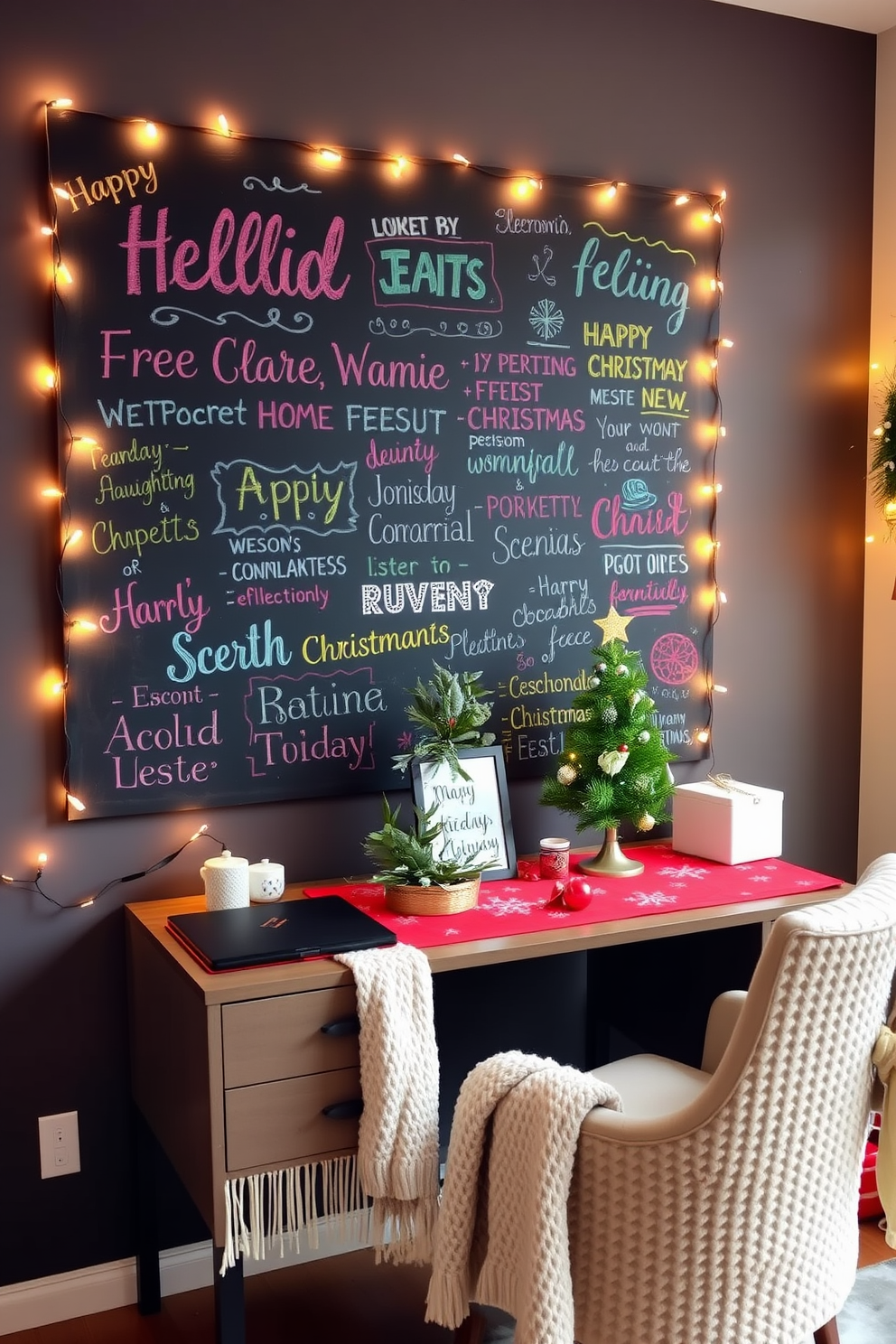 A large chalkboard is mounted on the wall, filled with colorful festive messages and whimsical drawings that evoke the holiday spirit. Surrounding the chalkboard, a cozy home office is adorned with twinkling fairy lights and a small Christmas tree, creating a warm and inviting workspace. The desk is decorated with a festive runner, and a few holiday-themed ornaments are scattered around. A comfortable chair is draped with a soft, knitted throw, enhancing the cheerful atmosphere of this seasonal home office.