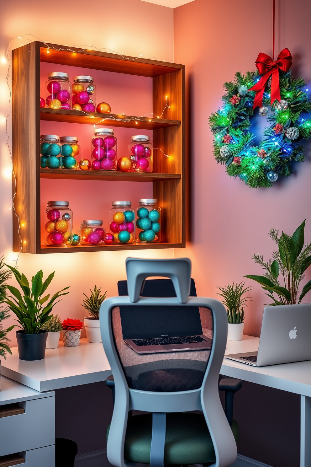 A vibrant home office adorned with colorful ornaments displayed in glass jars. The jars are arranged on a sleek wooden shelf, adding a festive touch to the workspace, while twinkling fairy lights wrap around the shelves for a warm glow. The desk features a stylish ergonomic chair and a contemporary laptop, surrounded by potted plants that bring a touch of nature indoors. A cheerful holiday wreath hangs on the wall, complementing the overall festive decor.