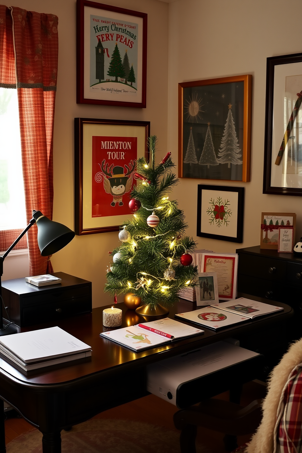 A cozy home office adorned with Christmas-themed artwork on the walls, featuring festive prints and cheerful colors that create a warm atmosphere. A stylish desk is decorated with a small evergreen tree, twinkling fairy lights, and a collection of holiday-themed stationery, enhancing the seasonal spirit.