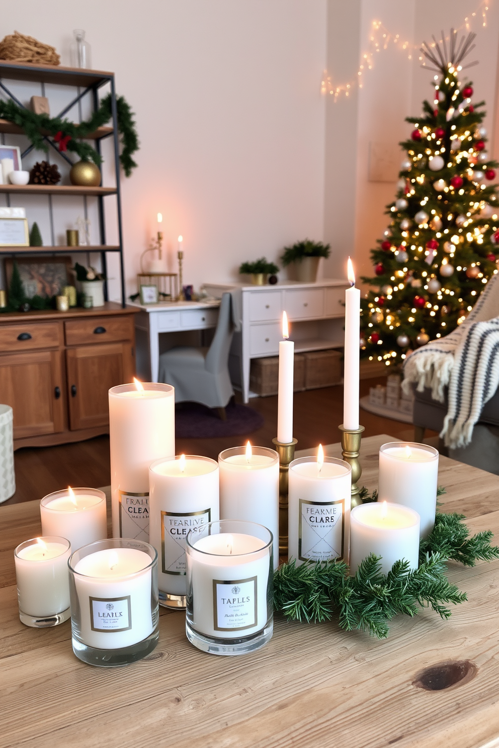 A collection of elegantly arranged scented candles in various sizes and shapes, placed on a rustic wooden coffee table. The soft glow of the candles casts a warm light across the room, creating a cozy and inviting ambiance perfect for relaxation. A stylish home office adorned with festive Christmas decorations, featuring a beautifully decorated tree in the corner. The desk is accessorized with seasonal ornaments, a festive garland draped along the shelves, and a cozy throw blanket draped over the chair for added warmth.