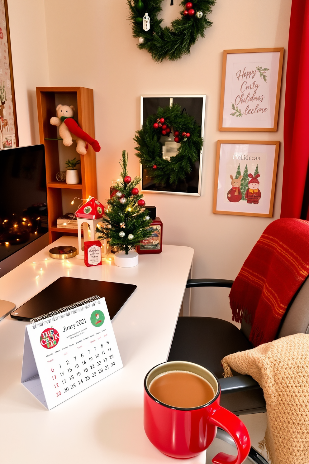 A stylish home office adorned for the holidays features a sleek desk with a modern desk calendar showcasing festive designs. Surrounding the calendar are decorative elements like a small evergreen tree, twinkling fairy lights, and a cozy throw blanket draped over the chair. The walls are adorned with cheerful holiday artwork, and a festive wreath hangs above the desk. A warm color palette of reds and greens creates a welcoming atmosphere, complemented by a cup of hot cocoa resting on the desk.