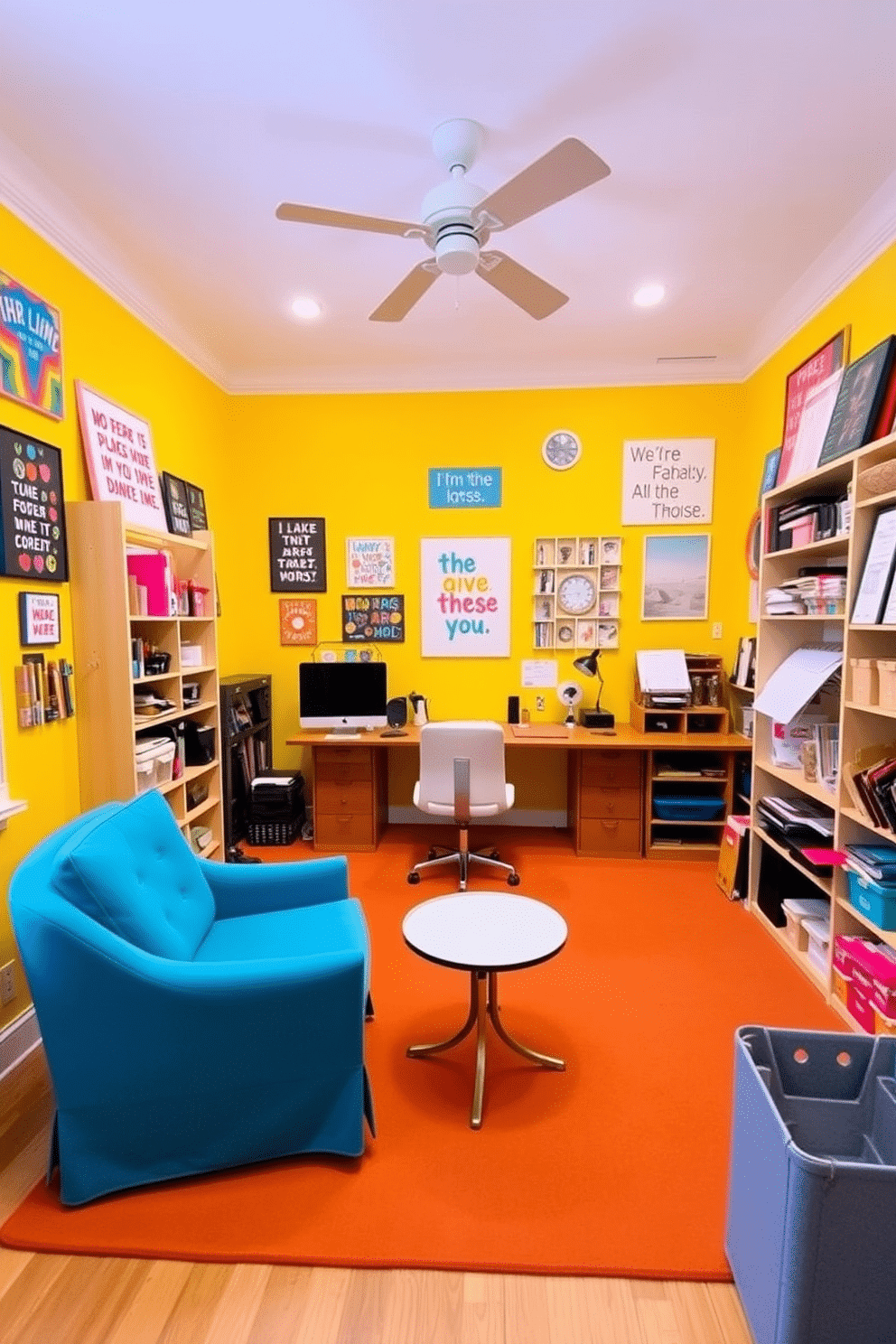 A vibrant home office craft room filled with bright colors and creative inspiration. The walls are painted in a cheerful yellow, adorned with colorful artwork and motivational quotes. A large, multi-functional desk sits in the center, surrounded by shelves filled with art supplies and craft materials. A cozy seating area with a bright blue armchair and a small round table encourages relaxation and brainstorming.