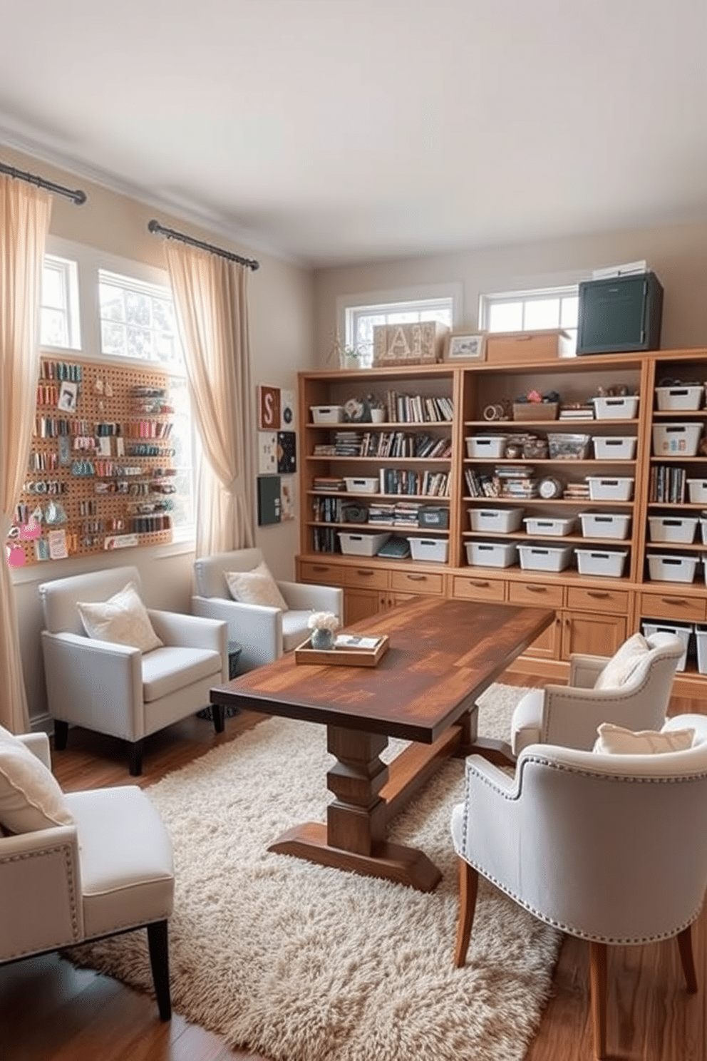 A cozy home office craft room features a large, rustic wooden table surrounded by a mix of comfortable chairs upholstered in soft fabrics. The walls are adorned with pegboards displaying colorful craft supplies, while a plush area rug adds warmth to the space. Natural light floods the room through large windows draped with sheer curtains, enhancing the inviting atmosphere. Shelves filled with neatly organized bins and books create a functional yet aesthetically pleasing environment, blending creativity with practicality.