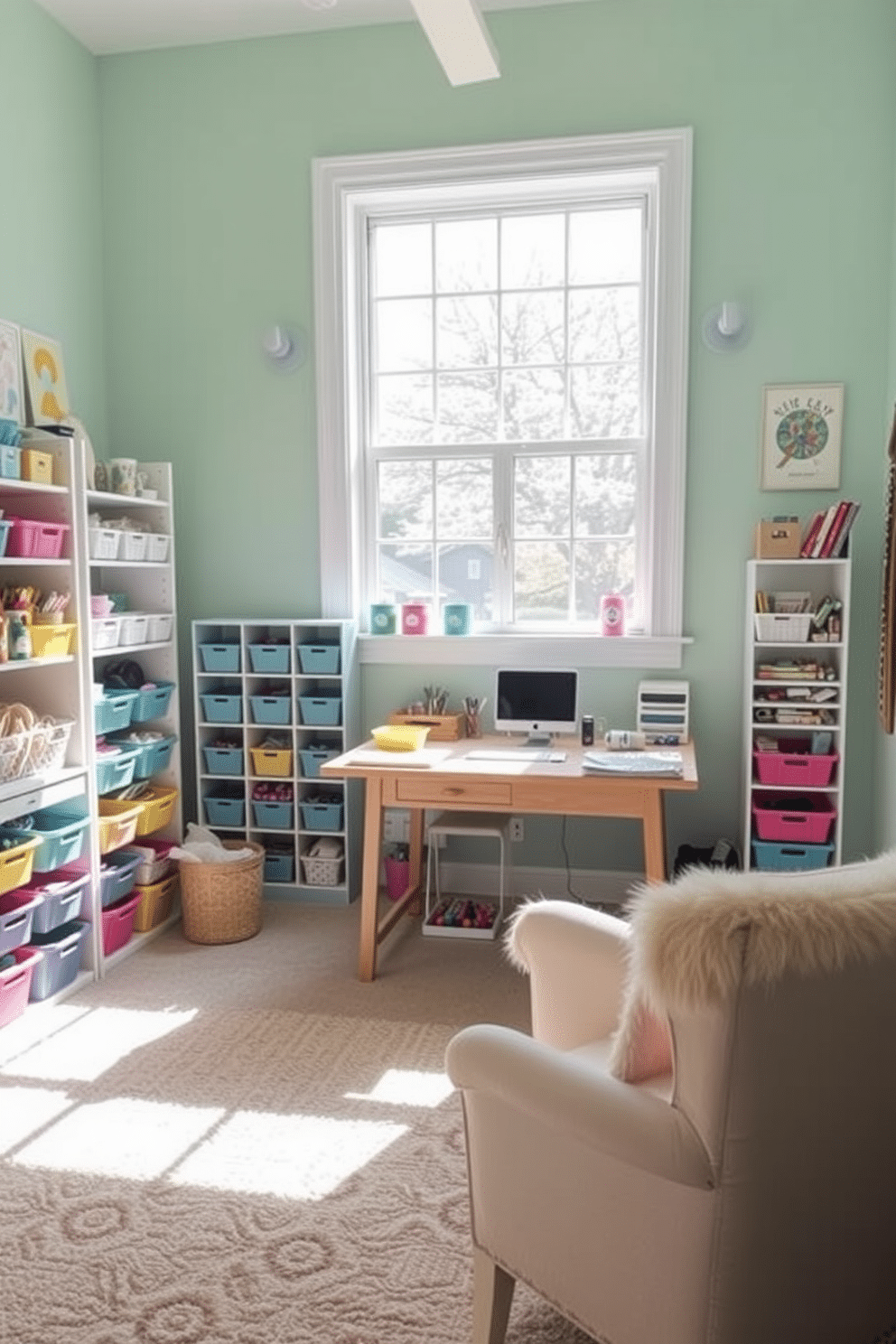 A dedicated crafting zone designed for creativity and organization. The room features a large, sturdy work table surrounded by colorful storage bins filled with various crafting supplies. Natural light floods the space through a large window, illuminating the pastel-colored walls. A cozy seating area with a plush chair invites relaxation and inspiration amidst the vibrant decor.