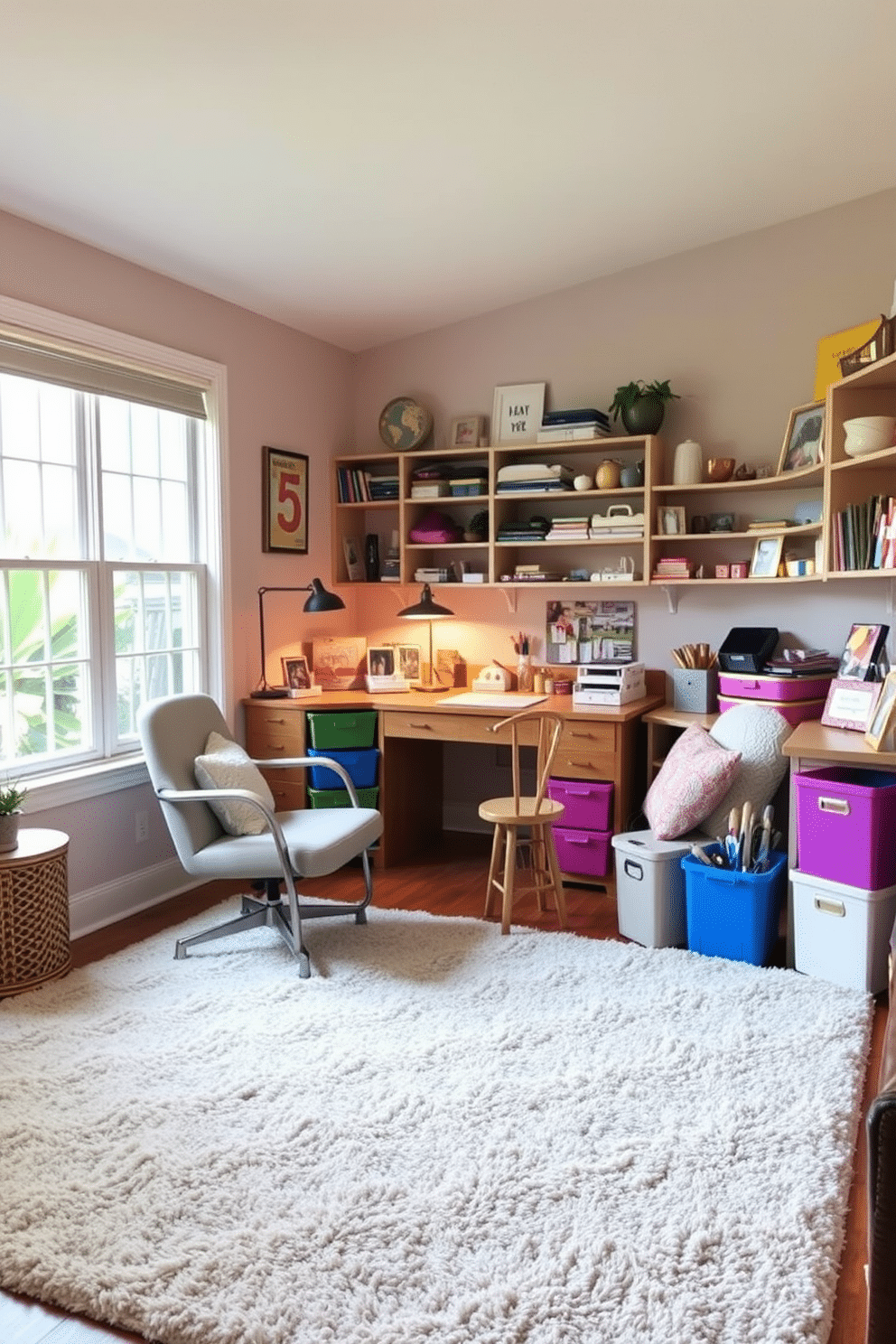 A cozy home office craft room features a large, soft area rug in a neutral tone, providing comfort underfoot while enhancing the space's warmth. The room is filled with natural light from a large window, illuminating a sturdy wooden desk surrounded by colorful storage solutions and inspiring decor. In one corner, a comfortable chair is paired with a small side table, creating a perfect reading nook. Shelves filled with craft supplies and personal mementos line the walls, adding both functionality and personality to the design.