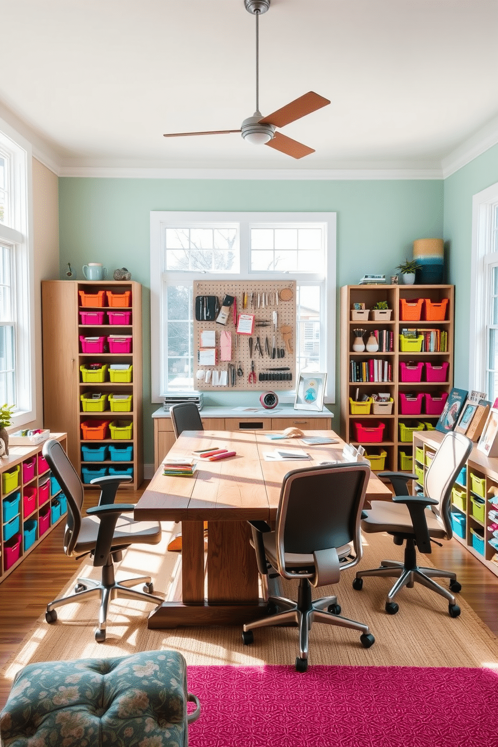 A bright and inviting home office craft room features a large, rustic wooden work table at the center, surrounded by colorful storage bins and shelves filled with crafting supplies. Natural light floods the space through expansive windows, illuminating the cheerful pastel walls and inspiring creativity. Comfortable seating is arranged around the work table, with ergonomic chairs that encourage long hours of crafting. A pegboard above the table displays tools and materials, while a cozy reading nook in one corner offers a perfect retreat for inspiration.