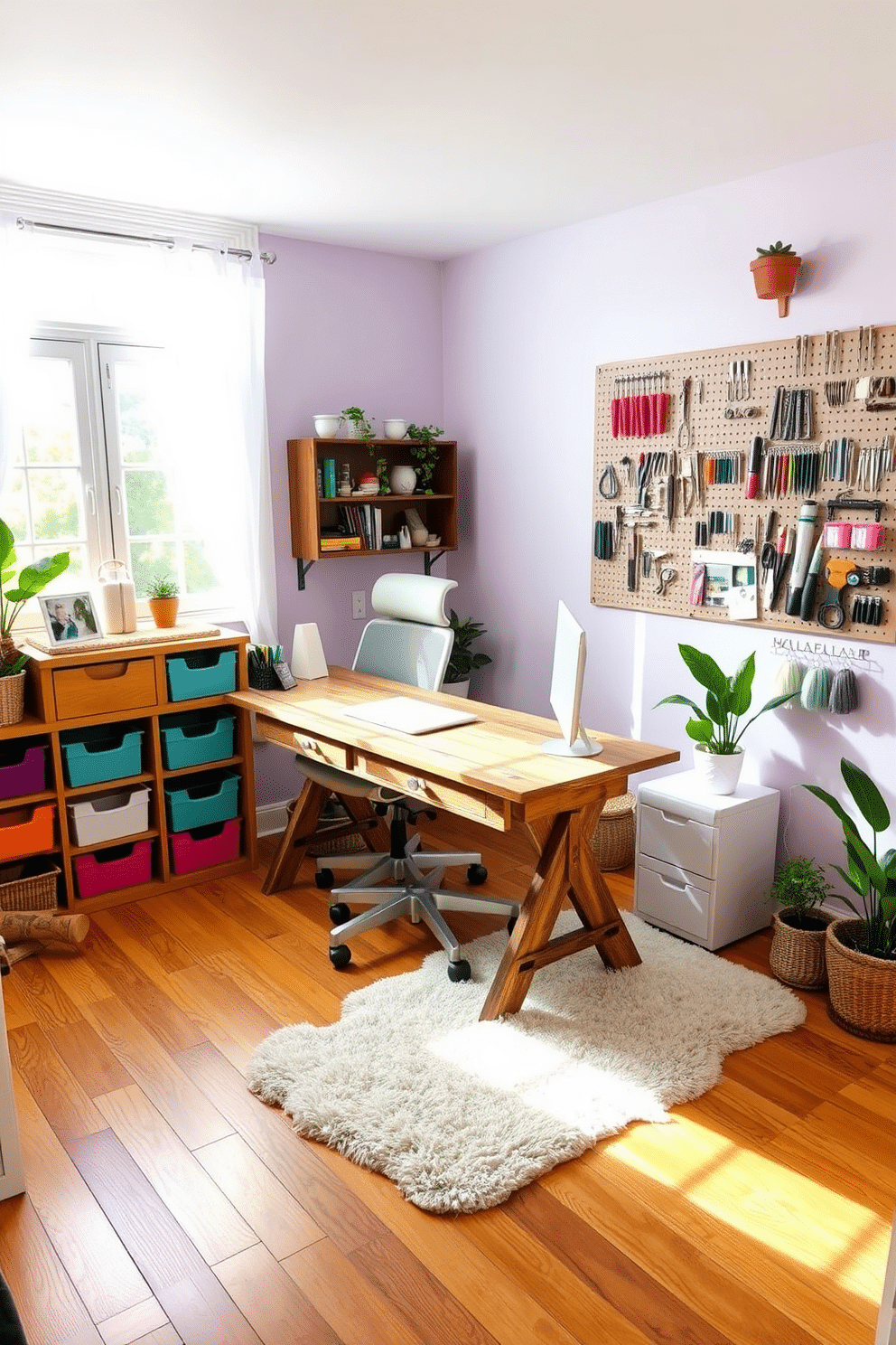 A cozy home office craft room with soft pastel colors. The walls are painted a light lavender, and the flooring is a warm oak wood, creating a welcoming atmosphere. There are two large windows that let in natural light, adorned with sheer white curtains. A spacious desk made of reclaimed wood sits in the center, surrounded by colorful storage bins and a comfortable ergonomic chair. On one side, a pegboard is mounted on the wall, displaying an array of crafting tools and supplies. A plush area rug in shades of mint and cream adds a touch of comfort to the space, while potted plants bring a refreshing, vibrant feel.