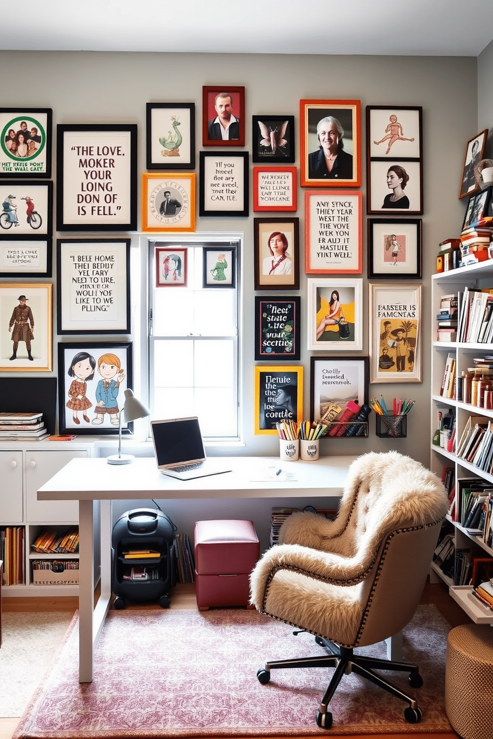 A gallery wall designed for motivation features an eclectic mix of framed artwork, inspirational quotes, and personal photographs. The arrangement is asymmetrical, with varying frame sizes and colors that create a vibrant and energizing focal point. In the home office craft room, a spacious worktable is positioned in front of a large window to maximize natural light. Shelves filled with colorful craft supplies and tools line the walls, while a cozy reading nook with a plush chair and a small bookshelf adds a touch of comfort and creativity.