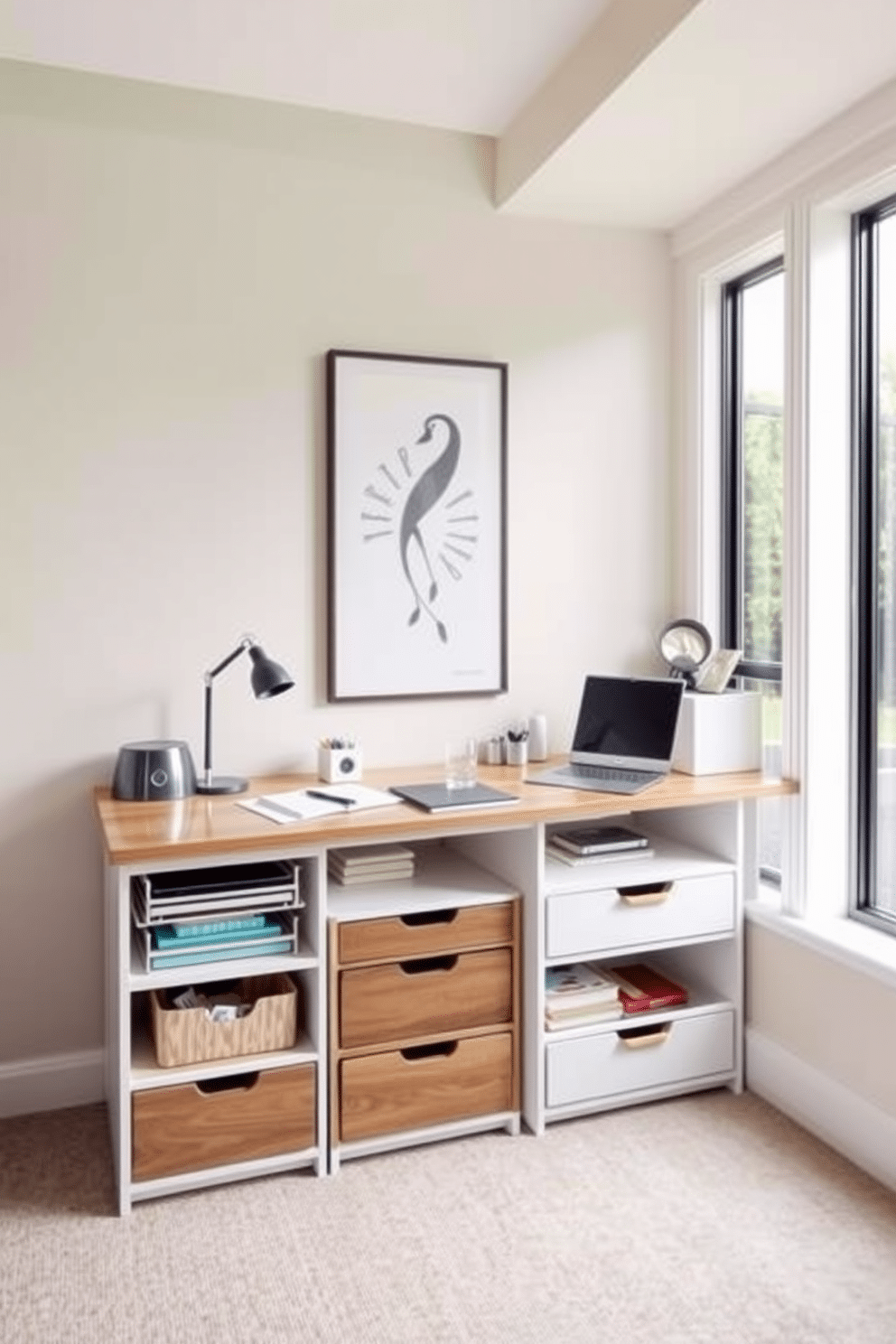 A stylish home office craft room features a spacious desk with an organized under-desk storage solution, incorporating sleek drawers and open shelving for easy access to supplies. The walls are painted in a soft pastel hue, while a large window allows natural light to flood the space, enhancing creativity and productivity.