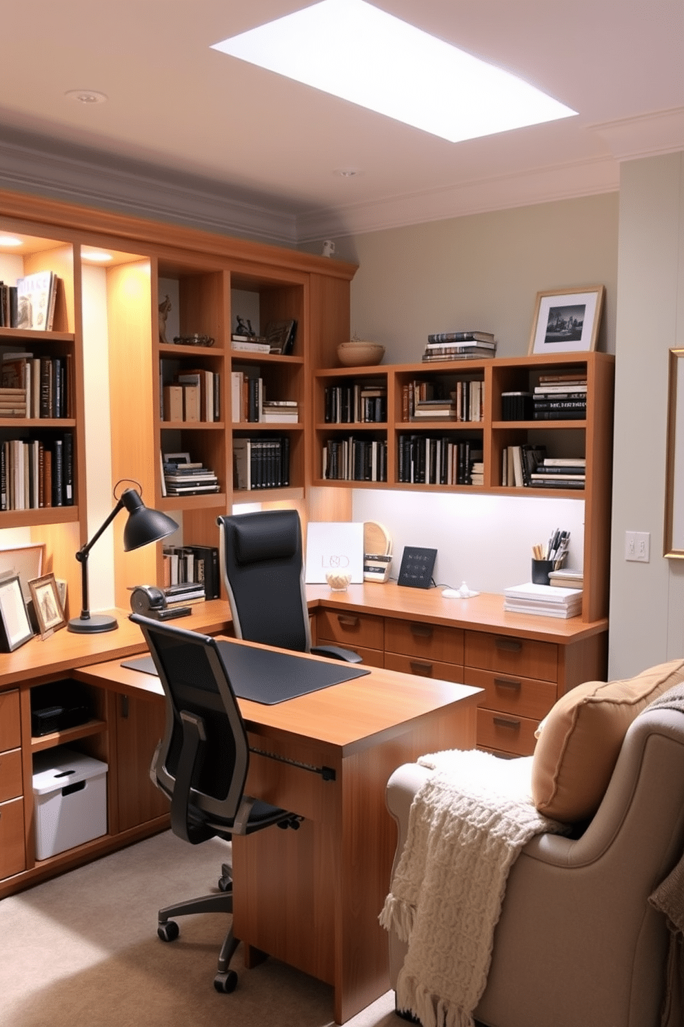 A stylish home office craft room features adjustable lighting that can be tailored for various tasks. The space includes a large wooden desk with ample storage, surrounded by shelves filled with art supplies and books, illuminated by a combination of natural light and strategically placed task lamps. The walls are painted in a calming pastel color, creating an inspiring atmosphere for creativity. A comfortable chair with ergonomic support sits at the desk, while a cozy reading nook with a plush armchair and soft throw blankets invites relaxation between projects.