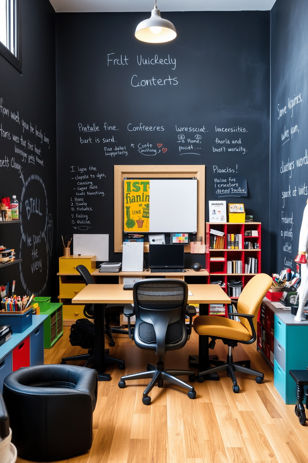 A creative home office craft room features a large chalkboard wall, providing ample space for brainstorming and jotting down ideas. The room is filled with colorful shelving units that display art supplies, while a large work table sits at the center, surrounded by comfortable, ergonomic chairs.