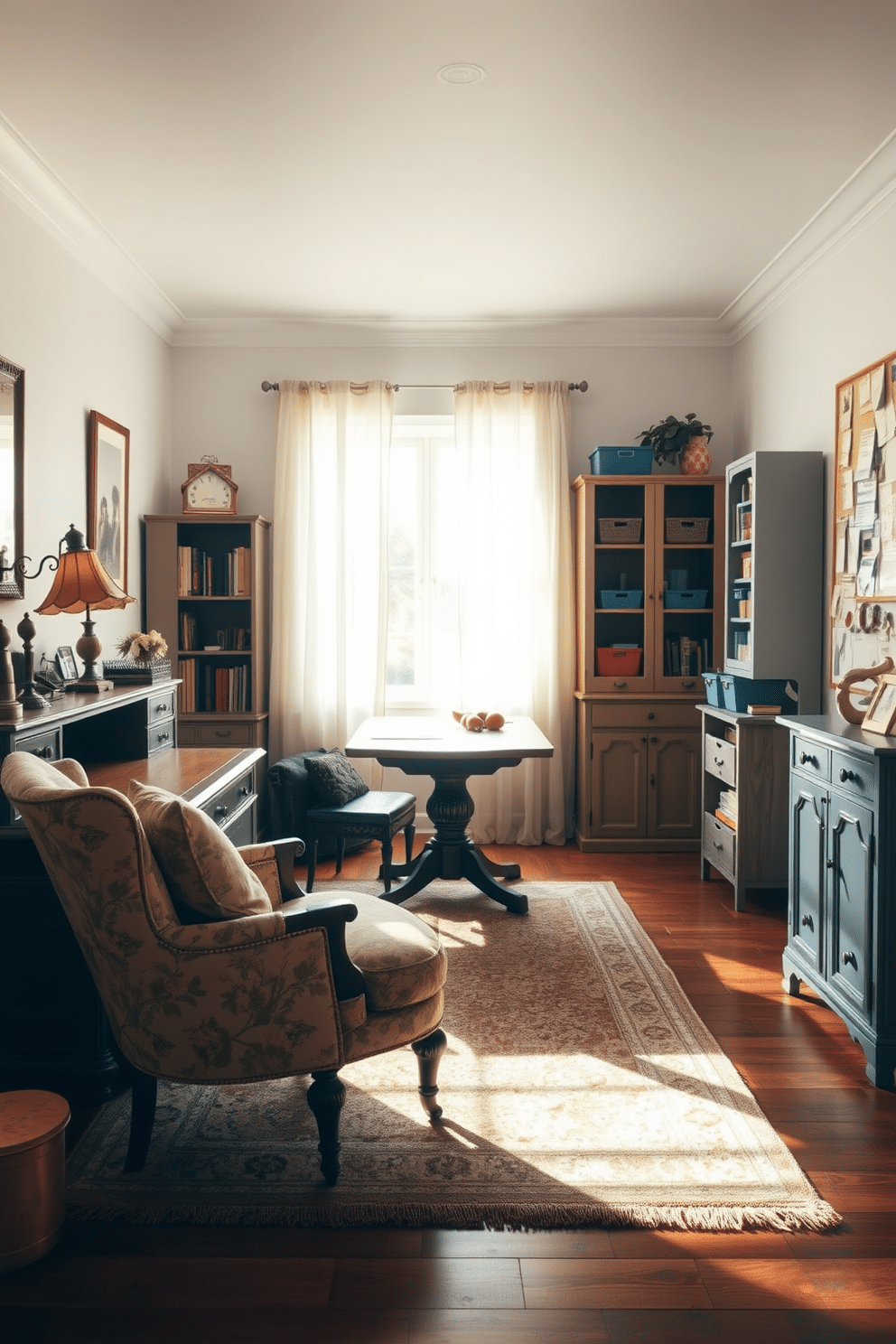 A cozy home office featuring vintage furniture that adds a charming touch. A large wooden desk with intricate carvings sits against the wall, complemented by a plush armchair upholstered in a floral fabric. The shelves are filled with antique books and decorative items, creating an inviting atmosphere. A soft area rug in muted tones lies underfoot, while a vintage lamp casts a warm glow over the workspace. For the craft room, envision a bright and airy space designed for creativity. A large table in the center is surrounded by colorful storage bins and vintage cabinets filled with art supplies. Natural light pours in through a large window adorned with sheer curtains, enhancing the room's cheerful vibe. A bulletin board covered in inspiration clippings and sketches hangs on the wall, inviting artistic exploration.