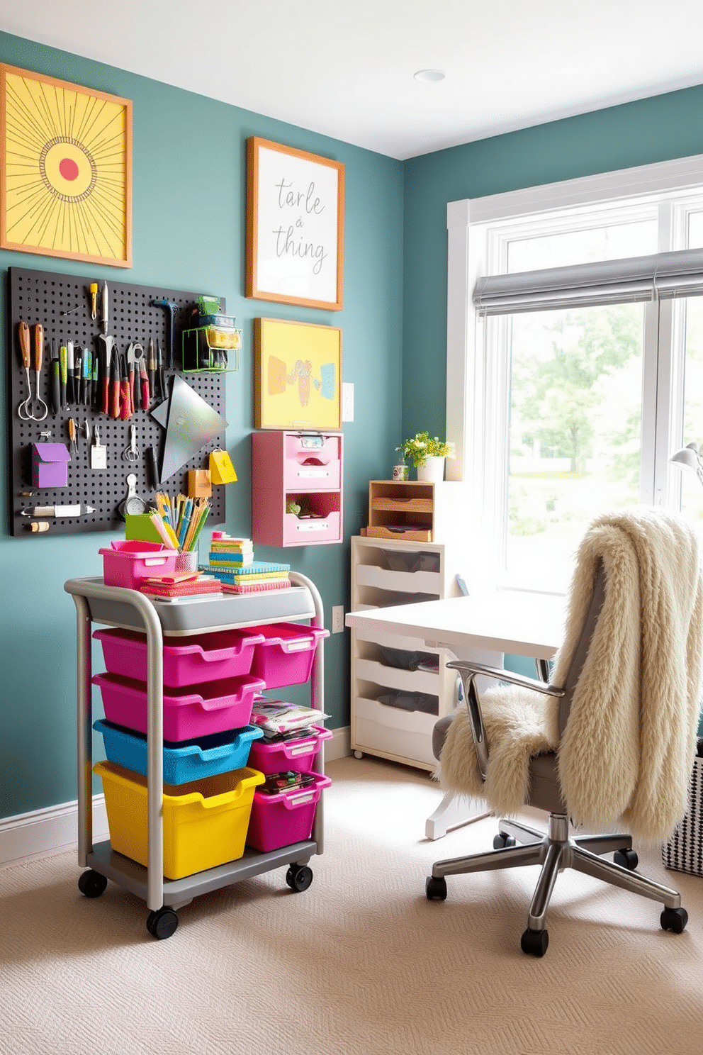 A vibrant home office craft room features a stylish rolling cart that provides mobility and easy access to supplies. The cart is filled with colorful bins and organizers, complementing the bright, airy space with large windows and cheerful wall art. The desk is positioned near the cart, showcasing a sleek design with ample workspace for crafting projects. A cozy chair with a soft throw invites creativity, while a pegboard on the wall displays tools and materials for an organized yet artistic vibe.