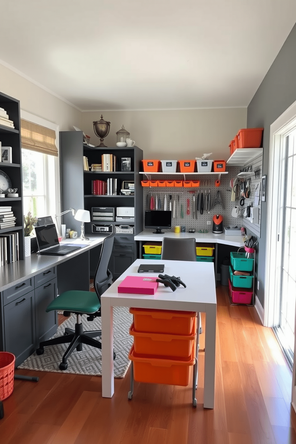 A stylish home office designed for productivity features a large, modern desk positioned near a window, allowing for ample natural light. Shelves filled with books and decorative items line the walls, while a comfortable ergonomic chair invites long hours of work. Adjacent to the home office, a cozy craft room is organized with a central worktable surrounded by storage for supplies. Brightly colored bins and pegboards display tools and materials, creating an inspiring and functional space for creativity.