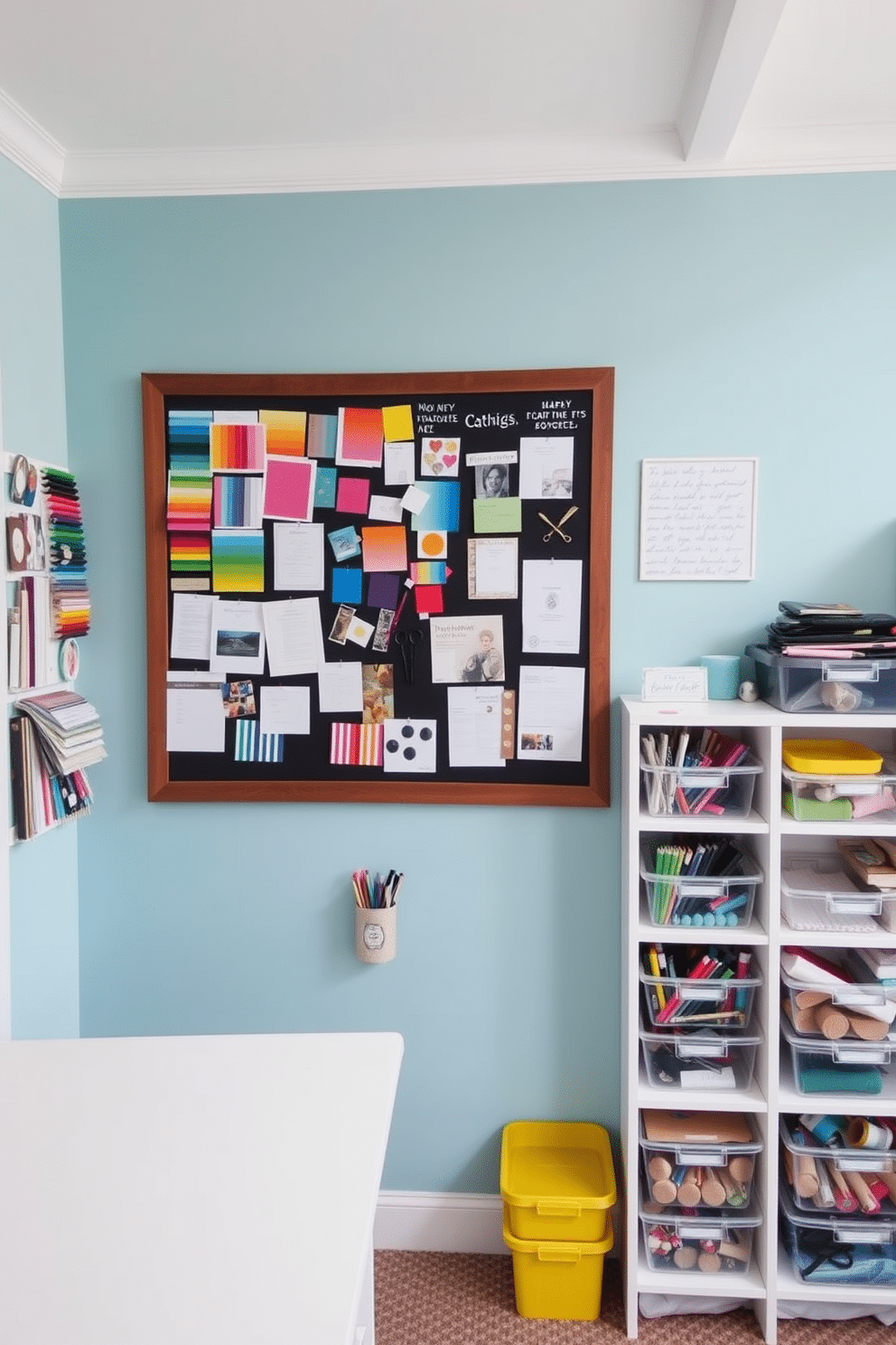 A bright and inviting craft room features a large bulletin board mounted on the wall, filled with colorful swatches, inspirational quotes, and pinned project ideas. The space is adorned with a sturdy work table, surrounded by organized shelves displaying an array of crafting supplies in clear containers, making creativity easily accessible.