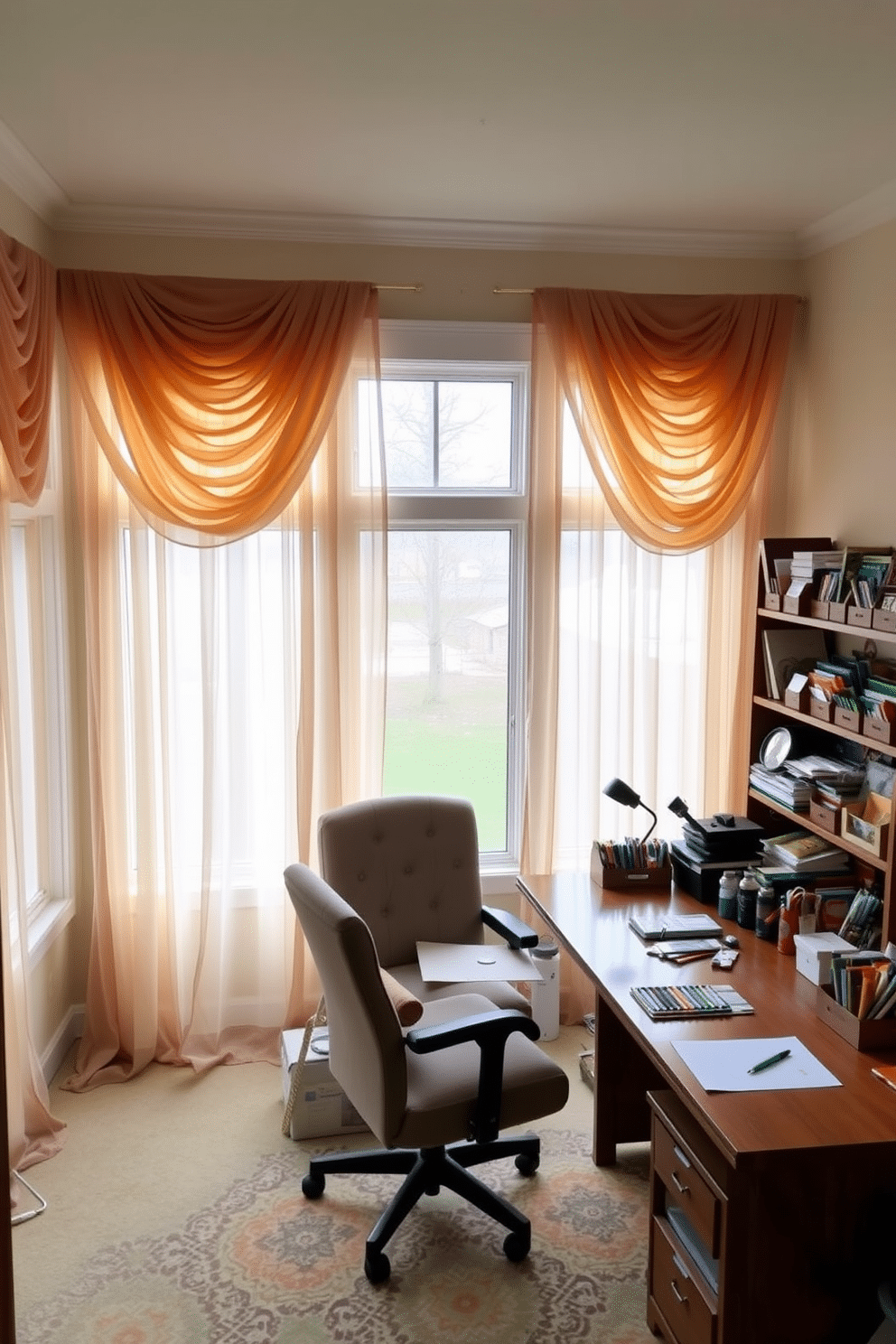 A cozy home office craft room featuring large windows adorned with elegant sheer curtains that provide both privacy and natural light. The room includes a spacious wooden desk with organized craft supplies, a comfortable chair, and a wall-mounted shelving unit displaying colorful materials and finished projects.