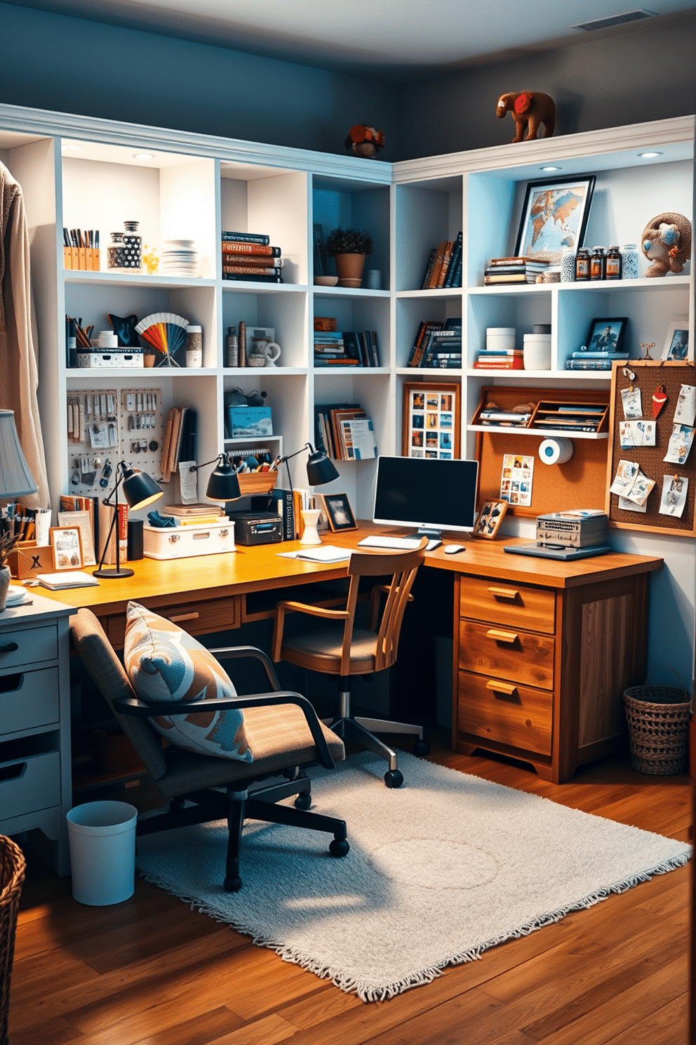 A cozy home office craft room designed for creativity and productivity. The space features a large wooden desk with ample storage, surrounded by shelves filled with art supplies and personal mementos. Soft, ambient lighting illuminates the room, creating a warm atmosphere. A comfortable chair with colorful cushions invites you to sit and get inspired, while a bulletin board displays your favorite projects and inspirations.