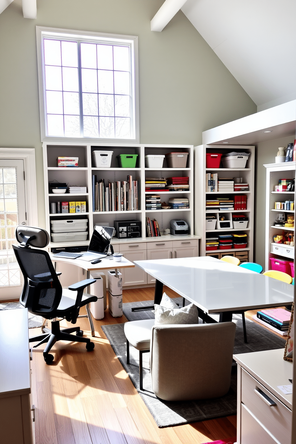 A bright and inviting home office features ergonomic furniture designed for comfort and productivity. A spacious desk with an adjustable height sits in front of a large window, allowing natural light to flood the room, complemented by a supportive chair that encourages good posture. In the craft room, creative storage solutions are integrated with functional workspaces. A large table is surrounded by comfortable seating, with shelves filled with colorful supplies and tools, all set against a backdrop of cheerful, inspiring colors.