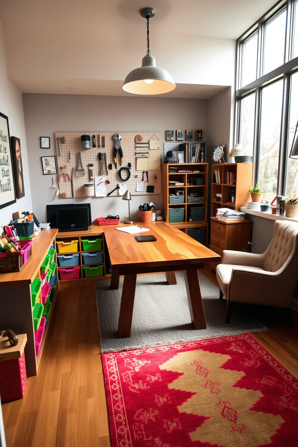 A stylish home office craft room features a large, sturdy wooden table in the center, surrounded by colorful storage bins and neatly organized supplies. The walls are adorned with inspirational art and a pegboard displaying tools, while natural light floods the space through a large window, enhancing creativity. In one corner, a cozy reading nook with a plush armchair and a small bookshelf invites relaxation. Soft, warm lighting and a vibrant rug add comfort, making it an ideal environment for both work and leisure.