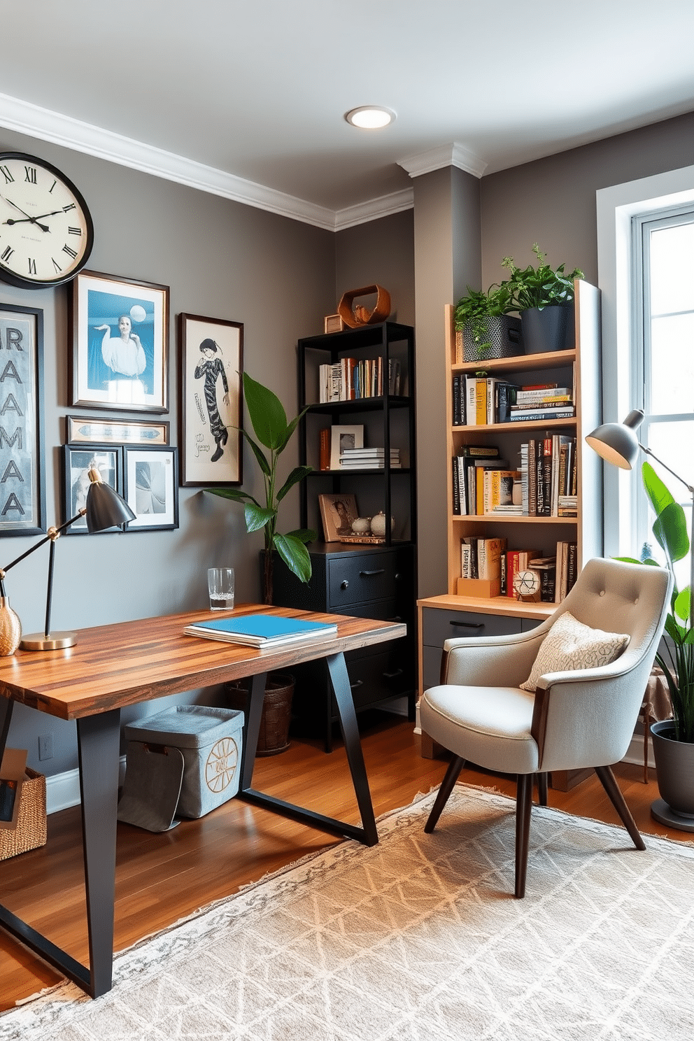 A stylish home office that seamlessly blends vintage and modern elements. A reclaimed wood desk with sleek metal legs sits against a wall adorned with framed art and a vintage clock. To the right of the desk, a plush mid-century chair complements a contemporary bookshelf filled with colorful books and decorative items. A large window invites natural light, while a patterned area rug adds warmth to the space. In a corner, a retro filing cabinet contrasts with a modern desk lamp, creating a perfect balance of old and new. Potted plants bring a touch of greenery, enhancing the inviting atmosphere of the room.