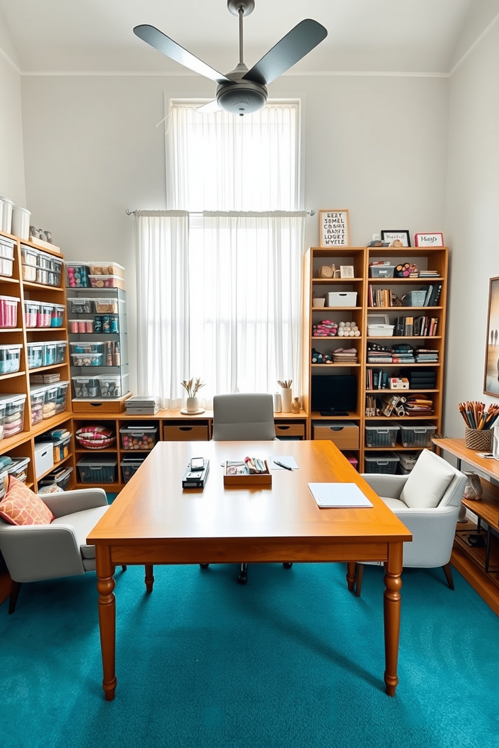 A bright and inviting home office craft room features clear containers neatly arranged on open shelves, showcasing colorful supplies for easy visibility. A large wooden desk sits in the center, surrounded by comfortable seating and ample natural light streaming through a large window with sheer curtains.