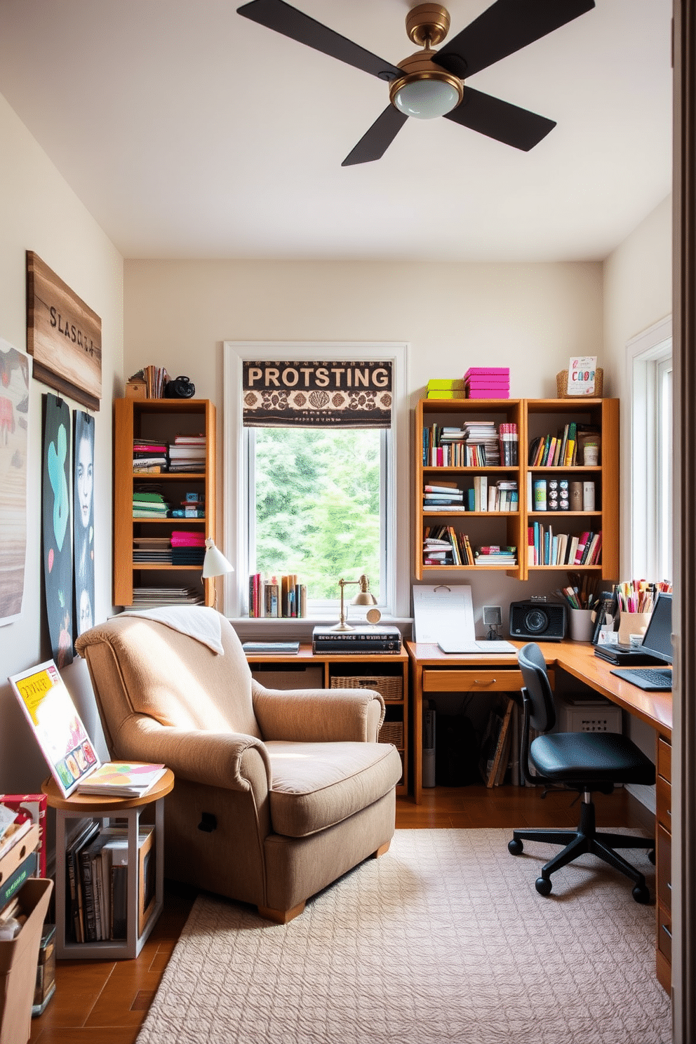 A cozy home office craft room features a plush, oversized armchair in a soft fabric, inviting relaxation and creativity. The walls are adorned with shelves filled with colorful craft supplies, while a large window allows natural light to flood the space, enhancing the vibrant atmosphere.