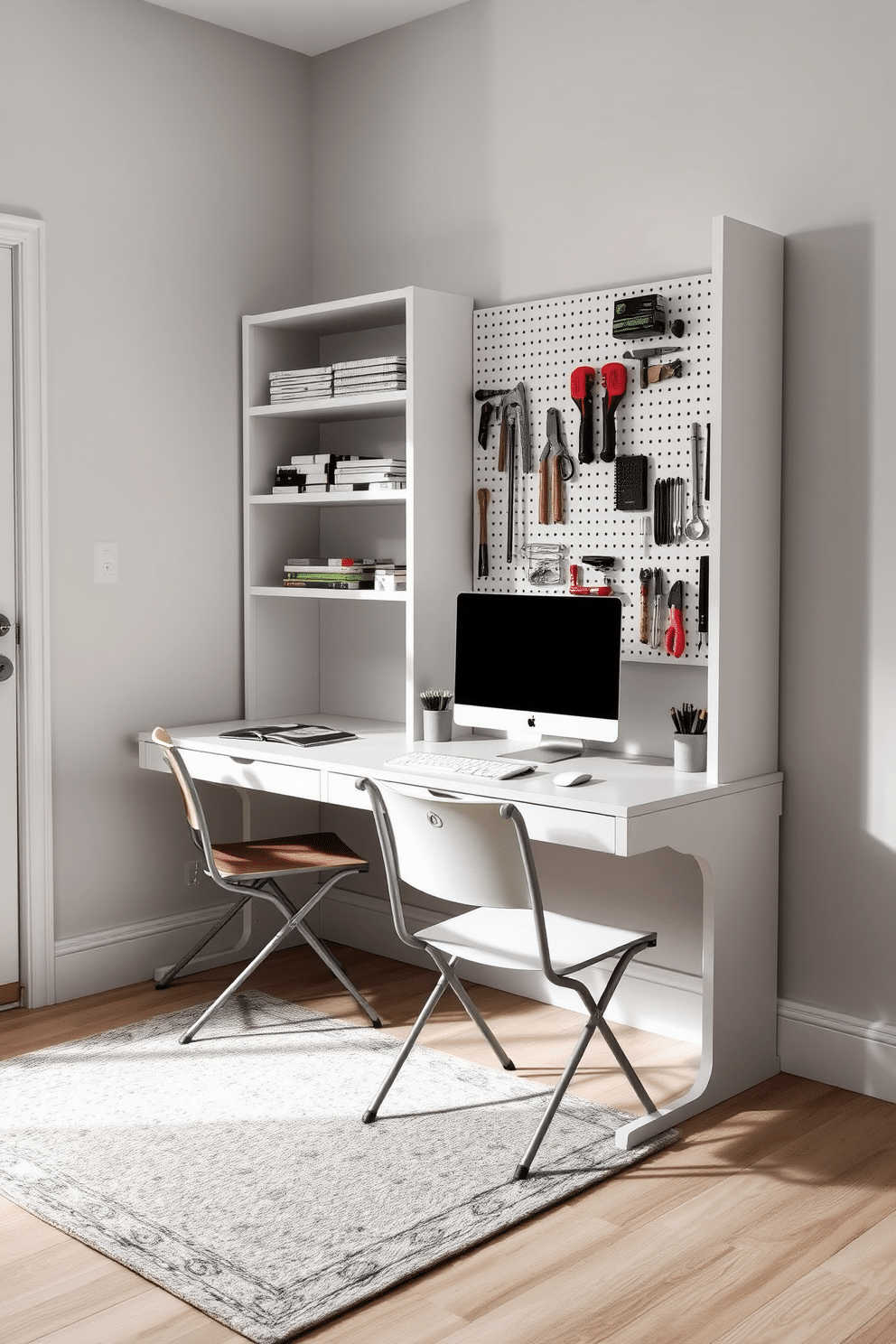 A stylish home office craft room featuring multi-functional furniture that maximizes space efficiency. The room includes a sleek desk that doubles as a crafting table, with built-in shelves above for easy access to supplies. The walls are painted in a calming light gray, while the floor is adorned with a soft area rug for comfort. A foldable chair is tucked neatly under the desk, and a pegboard on the wall organizes tools and materials, creating a tidy and inspiring workspace.