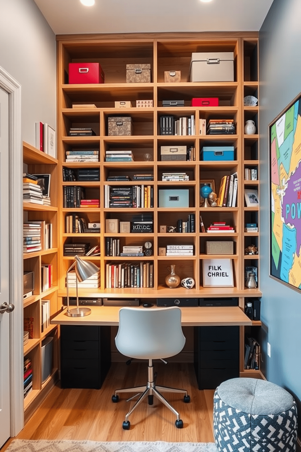 A creative home office craft room that maximizes vertical space with tall, custom-built shelves reaching up to the ceiling. The shelves are filled with neatly organized craft supplies, books, and decorative boxes, while a stylish desk sits below, adorned with a sleek lamp and vibrant artwork on the walls.