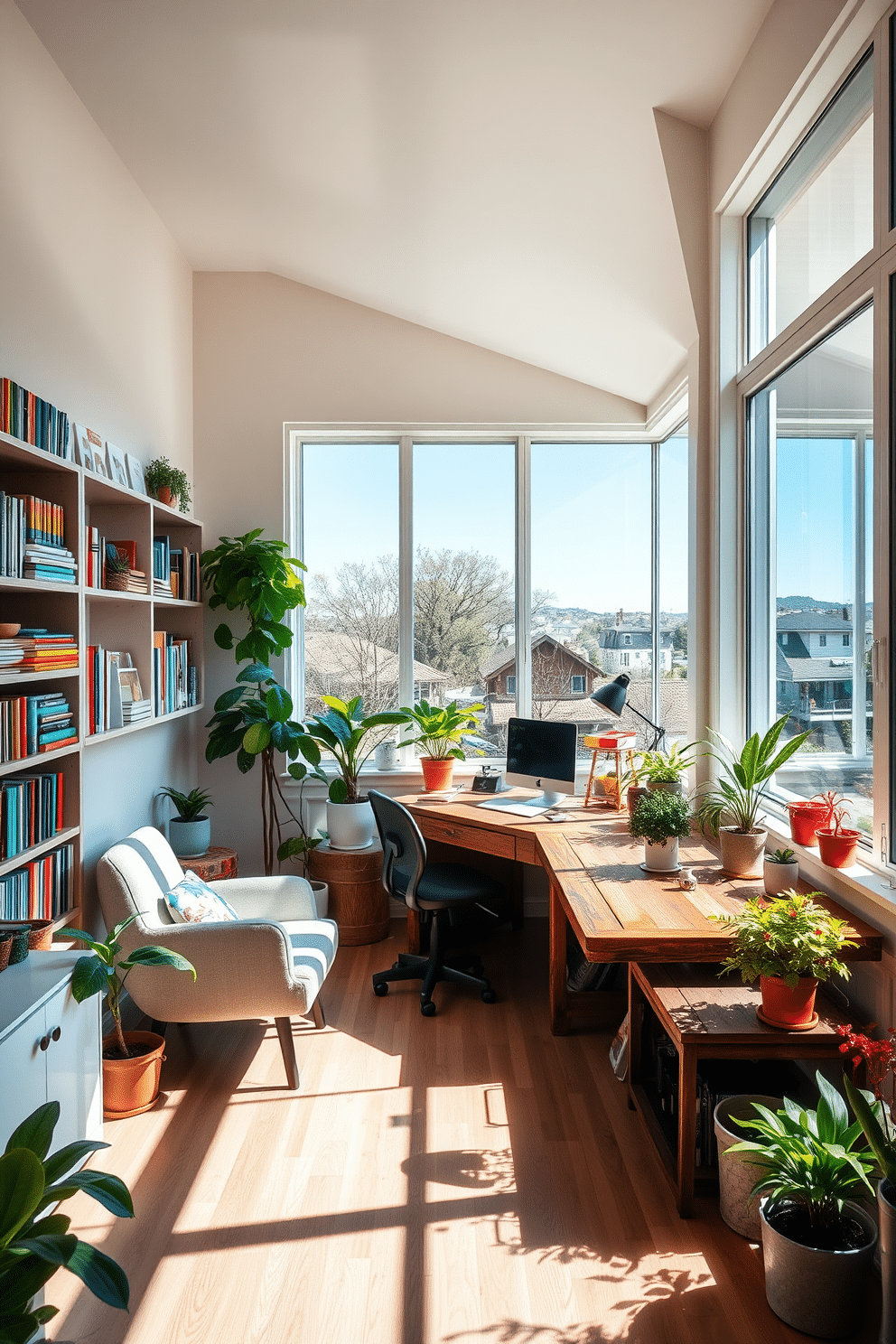 A bright and airy home office craft room filled with natural light from large floor-to-ceiling windows. The space features a large, rustic wooden desk positioned to face the windows, surrounded by comfortable seating and vibrant potted plants. Shelves lined with colorful craft supplies and books are mounted on the walls, adding both functionality and personality to the room. A cozy reading nook with a plush armchair and a small side table is nestled in one corner, inviting creativity and relaxation.