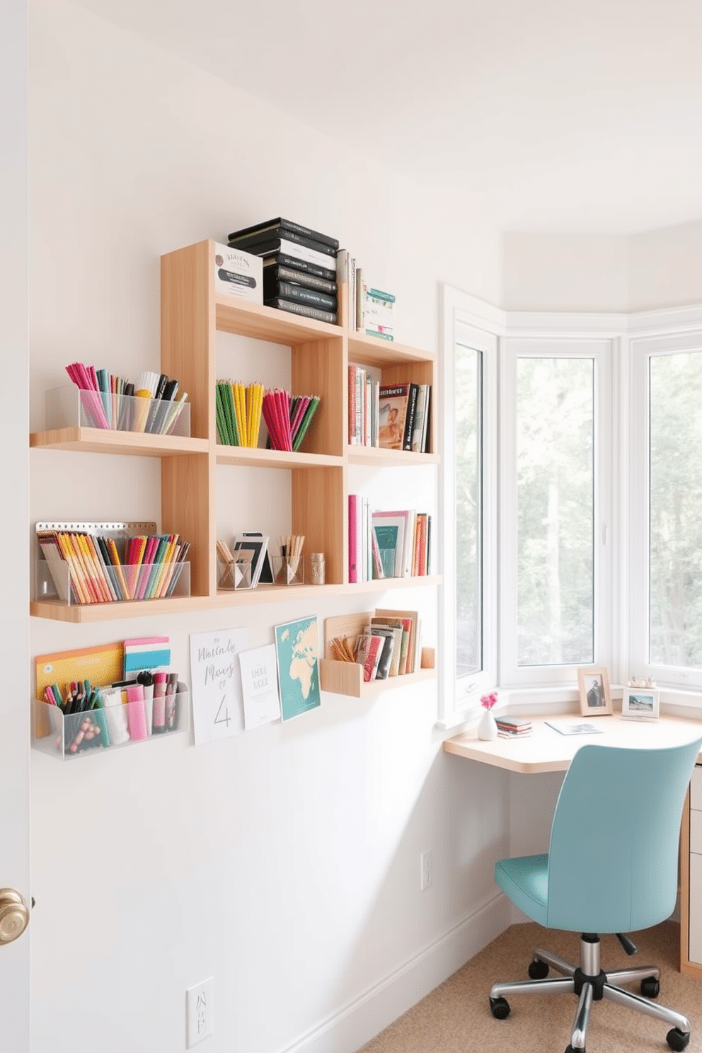 A bright and airy home office craft room features wall-mounted shelves made of light wood, providing organized storage for colorful craft supplies and books. The walls are painted in a soft pastel hue, while a cozy desk sits beneath a large window, allowing natural light to flood the space.