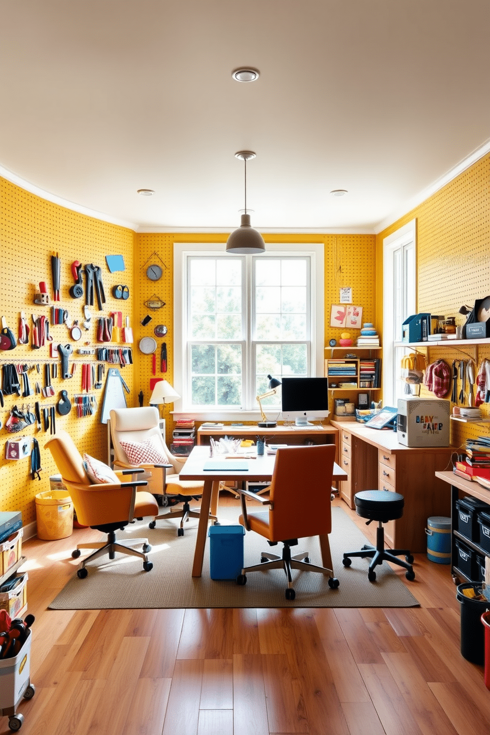 A vibrant home office craft room features a large pegboard wall, allowing for easy organization of tools and supplies. The space is adorned with a bright color palette, incorporating a mix of cheerful yellows and calming blues to inspire creativity. In the center of the room, a spacious crafting table is surrounded by comfortable chairs, promoting collaboration and creativity. Natural light floods in through large windows, enhancing the inviting atmosphere and showcasing the organized chaos of crafting materials.