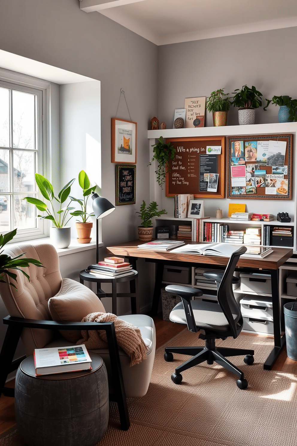 Cozy reading nook for breaks. A plush armchair in a soft, muted fabric is positioned next to a large window, allowing natural light to flood the space. A small side table holds a steaming cup of tea and a stack of books, while a warm throw blanket drapes over the armrest. The walls are adorned with framed artwork and a built-in bookshelf filled with a variety of novels. Home Office. A sleek, modern desk made of dark wood sits against a light gray wall, accompanied by a comfortable ergonomic chair. A stylish desk lamp provides focused lighting, and a bulletin board filled with inspiring quotes and images hangs above the desk. Potted plants add a touch of greenery, creating a refreshing atmosphere that enhances productivity. Craft Room Design Ideas. A spacious table covered with colorful craft supplies takes center stage in the room, surrounded by organized storage bins and shelves. The walls are painted a cheerful pastel color, and a large corkboard displays ongoing projects and inspiration. Natural light streams in through a window, illuminating the creative workspace, while a cozy rug adds warmth underfoot.