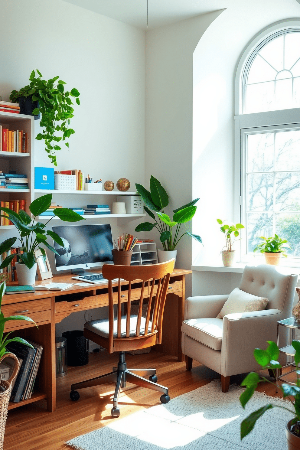 A bright and airy home office craft room features a large wooden desk positioned by a window, allowing natural light to flood the space. Shelves filled with colorful craft supplies line the walls, and a comfortable chair invites creativity. Lush green plants are placed strategically around the room, adding a fresh vibe and a touch of nature. A cozy reading nook with a soft armchair and a small bookshelf creates a perfect spot for inspiration and relaxation.